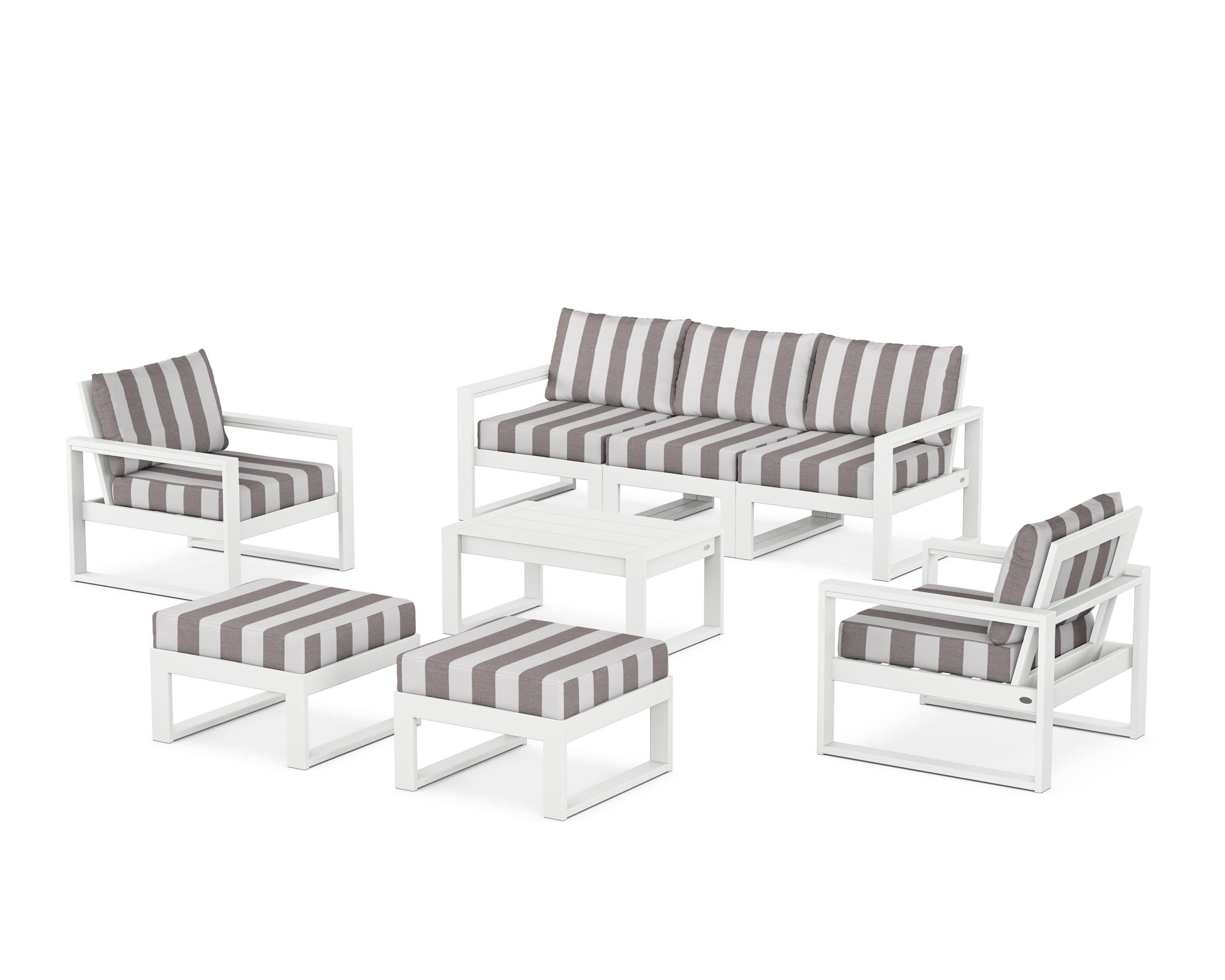 EDGE Sectional 8-Piece Lounge Sofa Set in White / Cabana Stripe Grey Mist