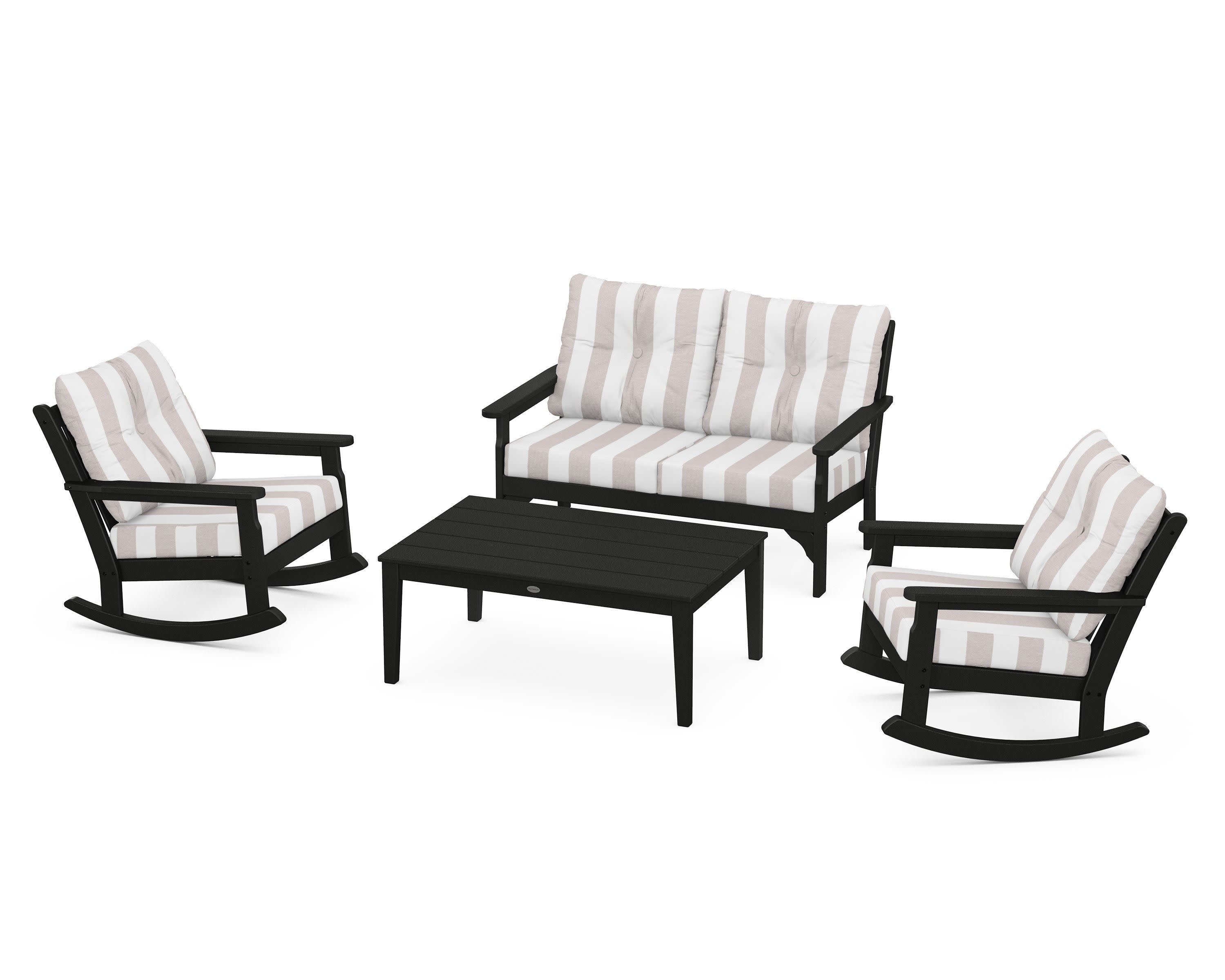 Vineyard 4-Piece Deep Seating Rocking Chair Set in Black / Cabana Stripe Dune Burlap