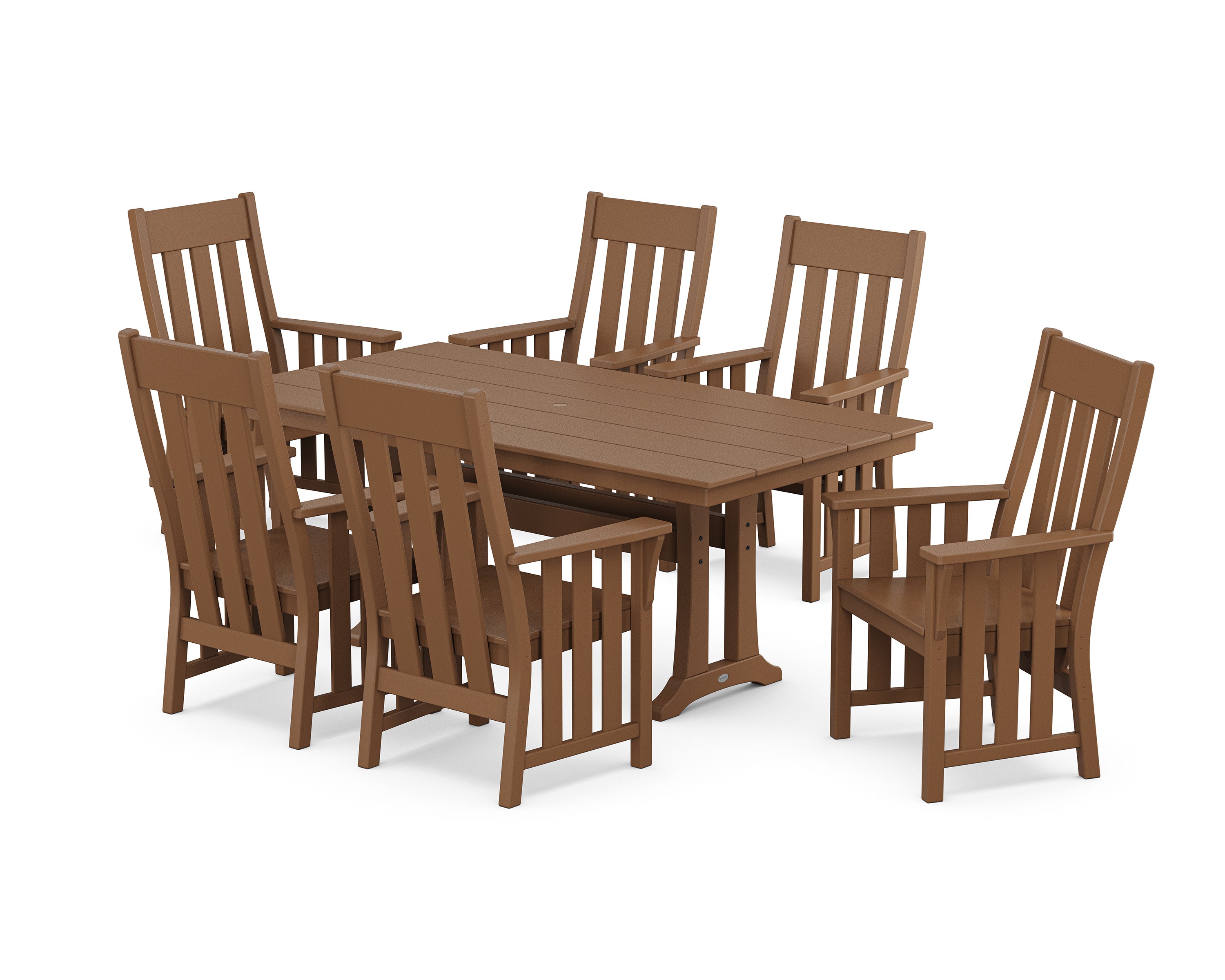 Acadia Arm Chair 7-Piece Farmhouse Dining Set with Trestle Legs in Teak