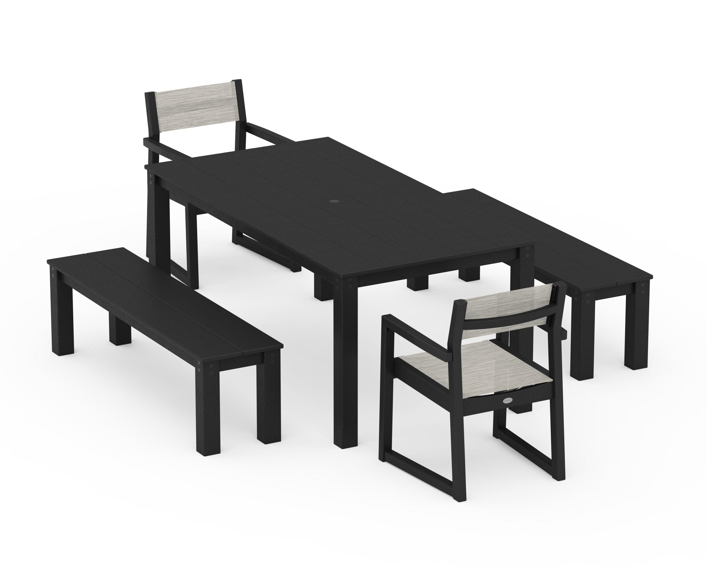 EDGE Sling Arm Chair 5-Piece Parsons Dining Set with Benches in Black / Birch Sling