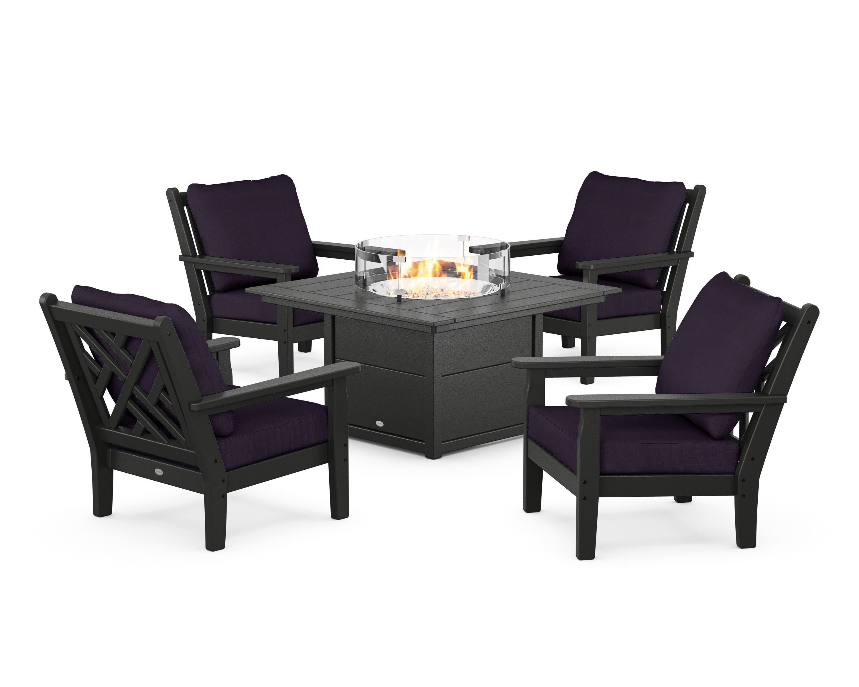 Chippendale 5-Piece Deep Seating Set with Fire Pit Table in Black / Navy Linen
