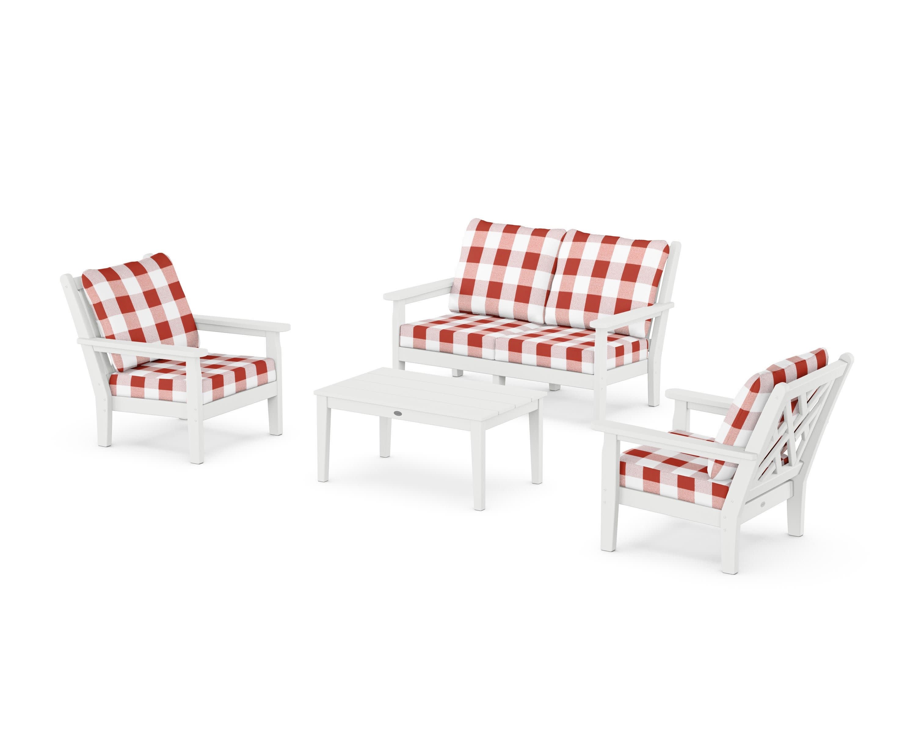 Chippendale 4-Piece Deep Seating Set with Loveseat in White / Buffalo Plaid Crimson