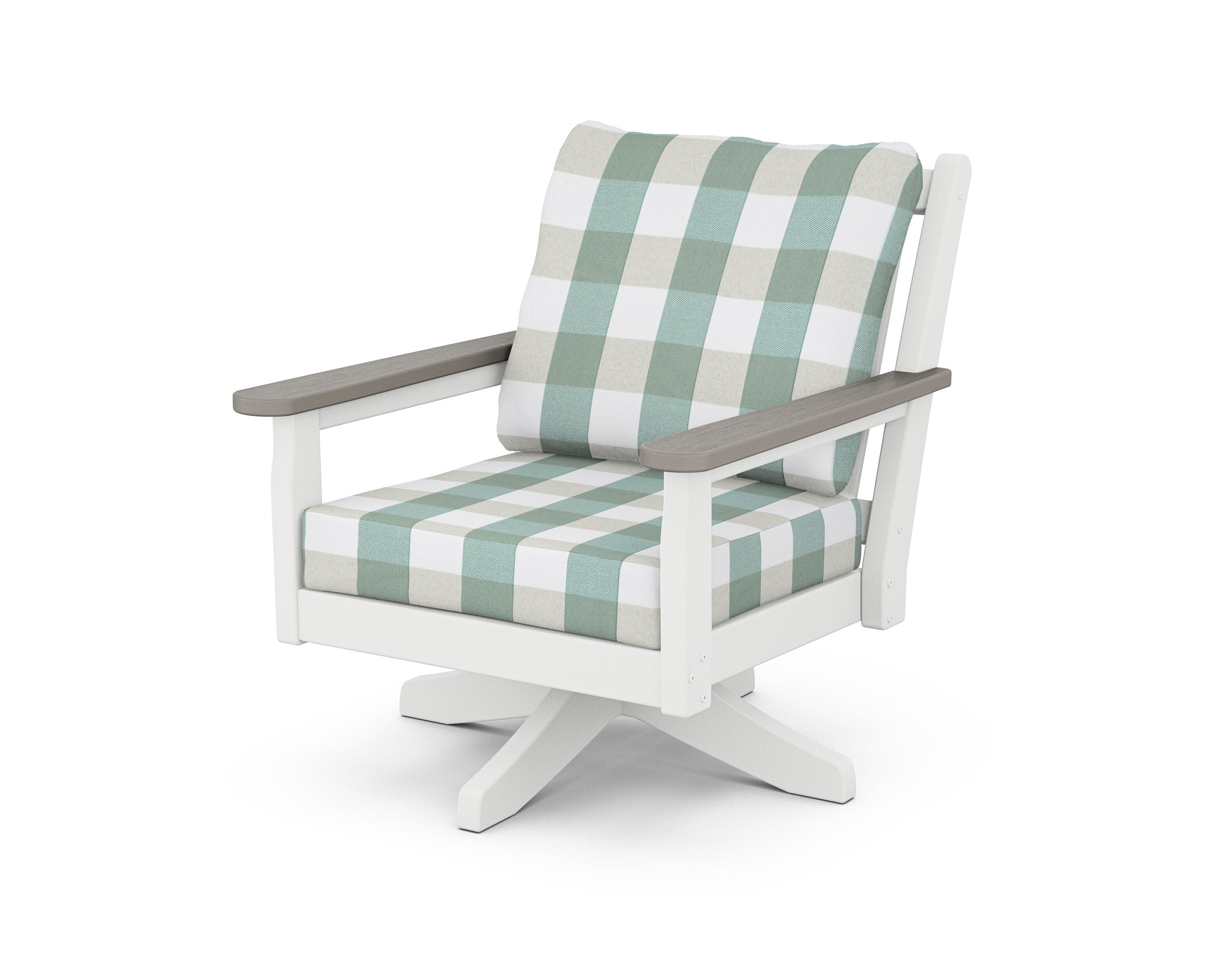 Chippendale Deep Seating Swivel Chair in White / Driftwood / Buffalo Plaid Glacier Spa