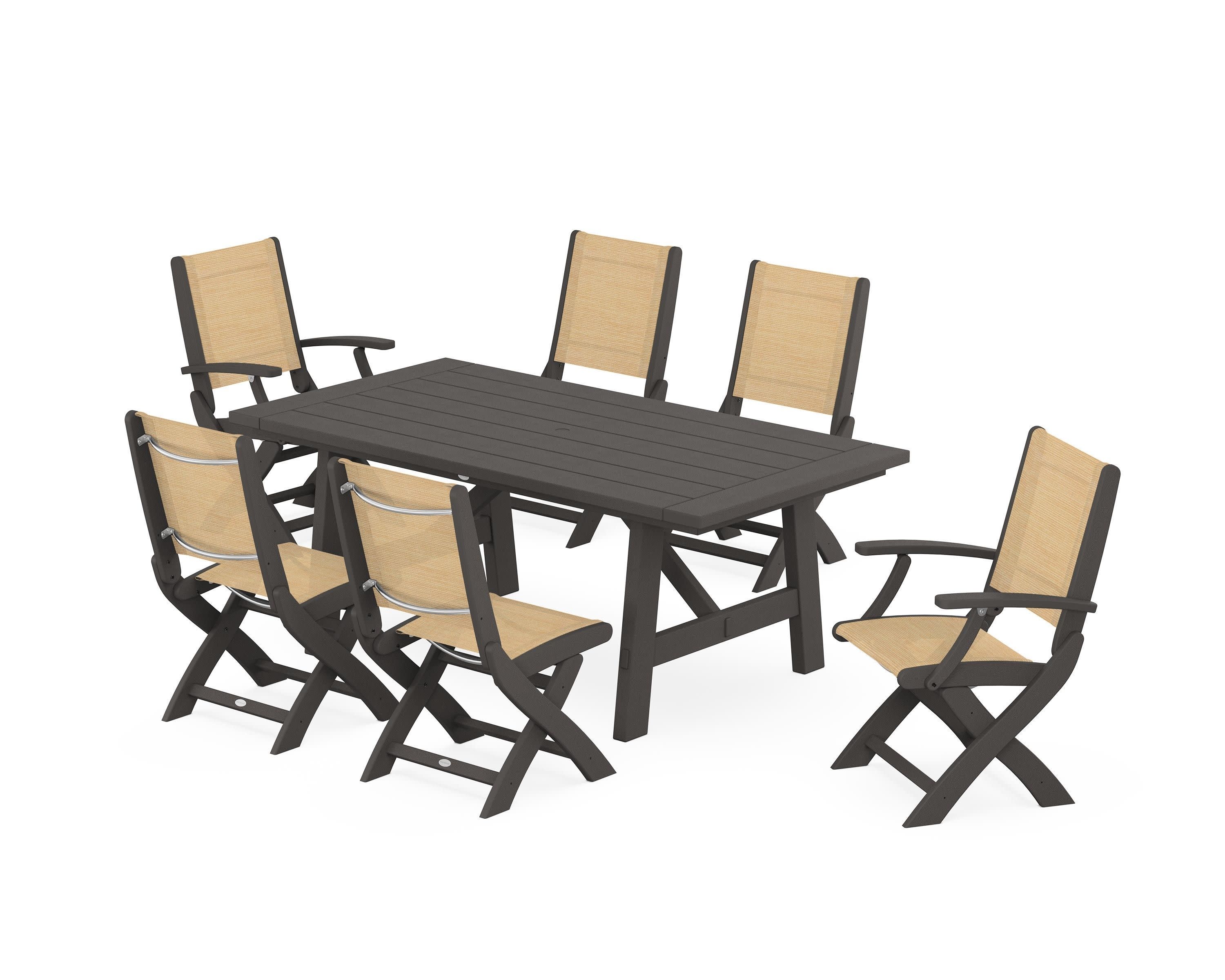 Coastal Folding Chair 7-Piece Rustic Farmhouse Dining Set in Vintage Coffee / Dupioni Apricot Sling