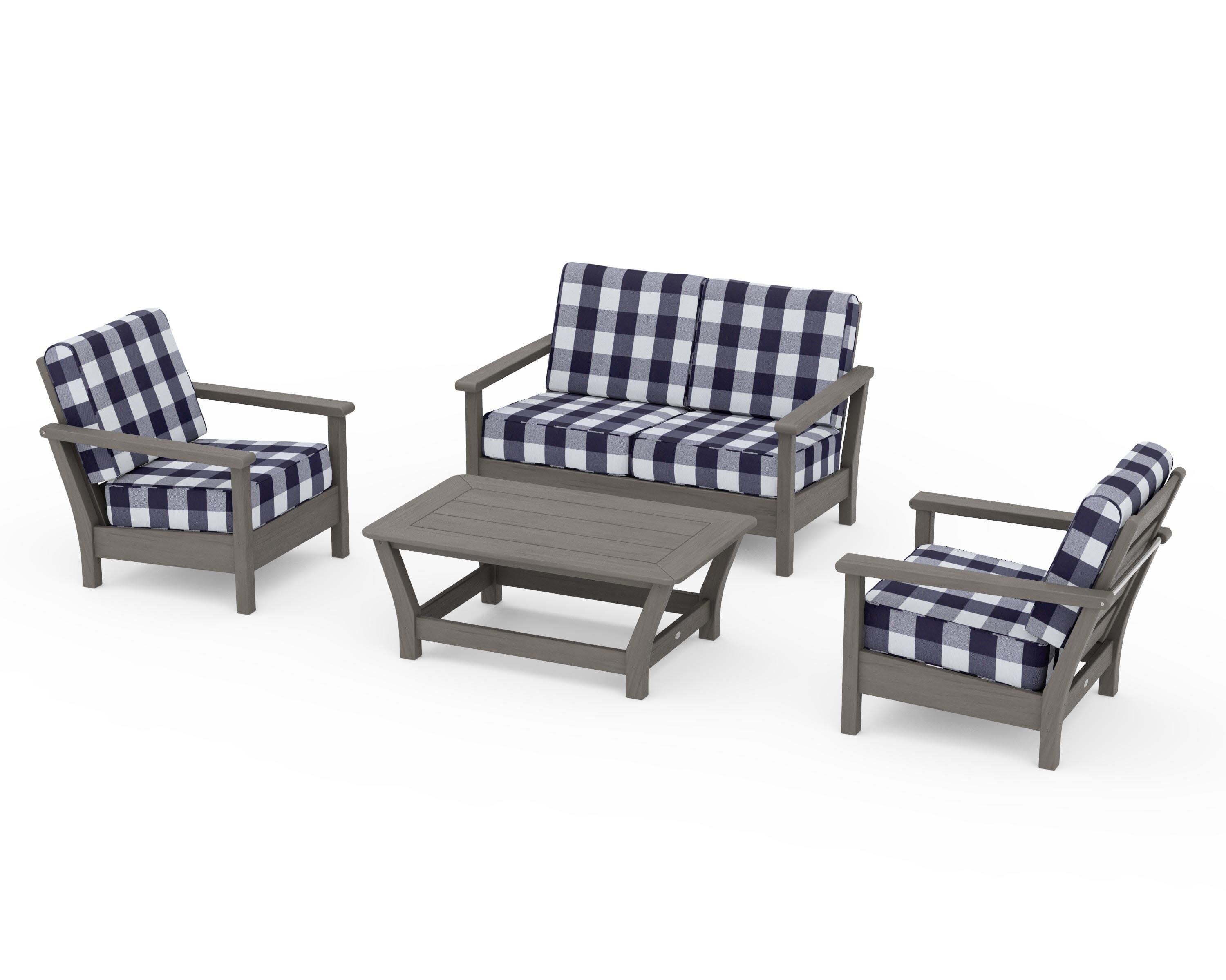 Harbour 4-Piece Deep Seating Set in Driftwood / Buffalo Plaid Navy