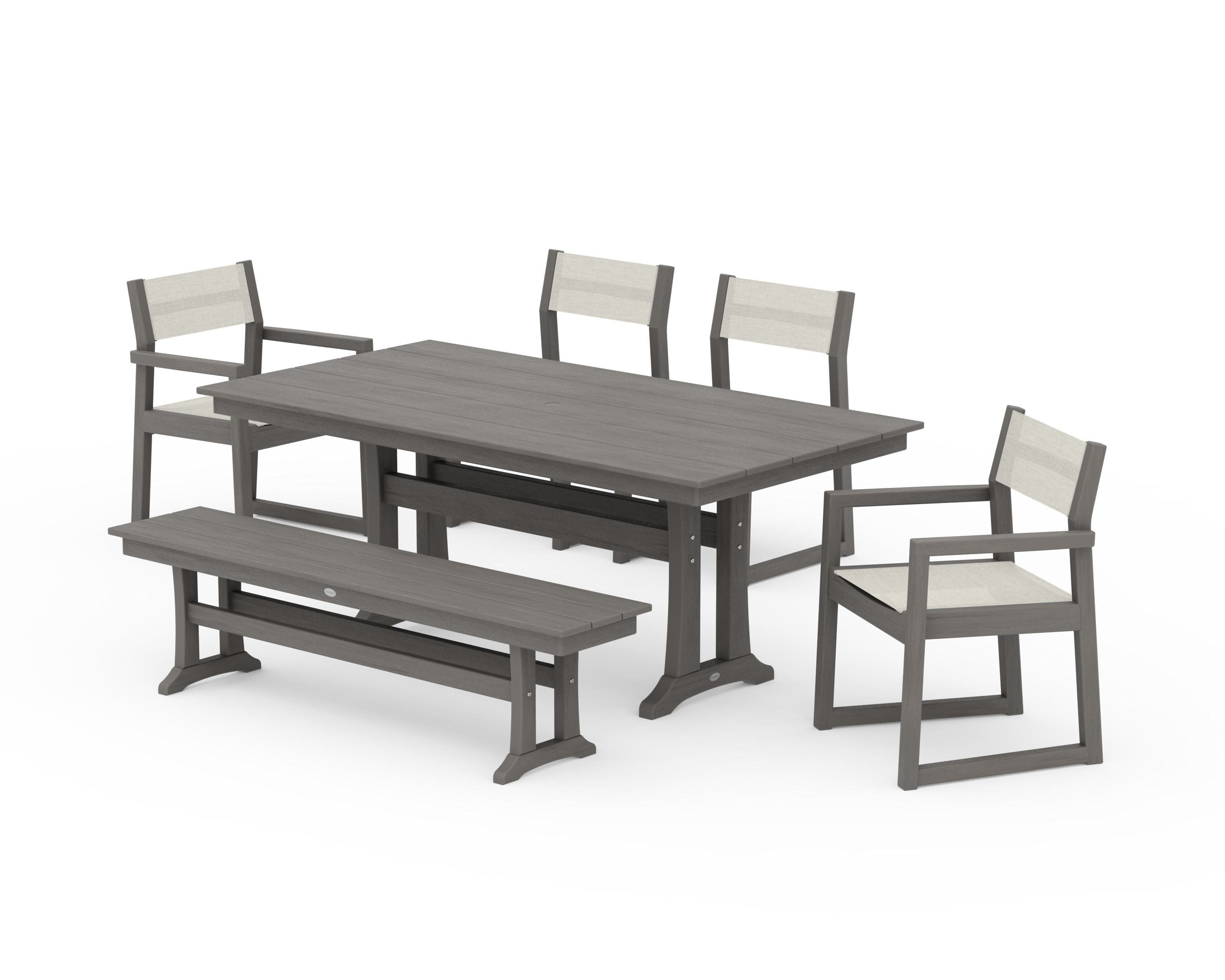 EDGE Sling 6-Piece Farmhouse Dining Set With Trestle Legs in Driftwood / Parchment Sling