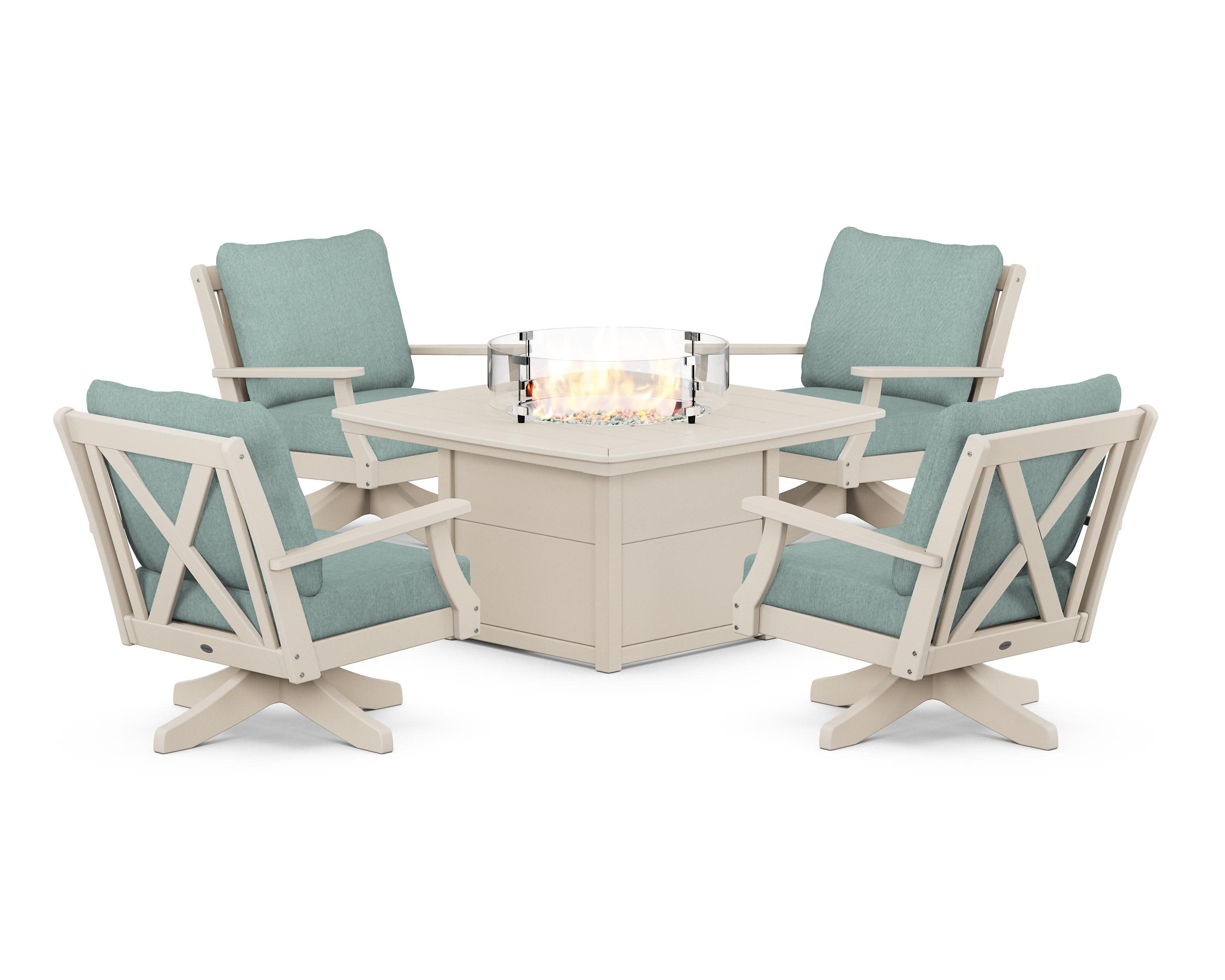 Braxton 5-Piece Deep Seating Swivel Conversation Set with Fire Pit Table in Sand / Glacier Spa