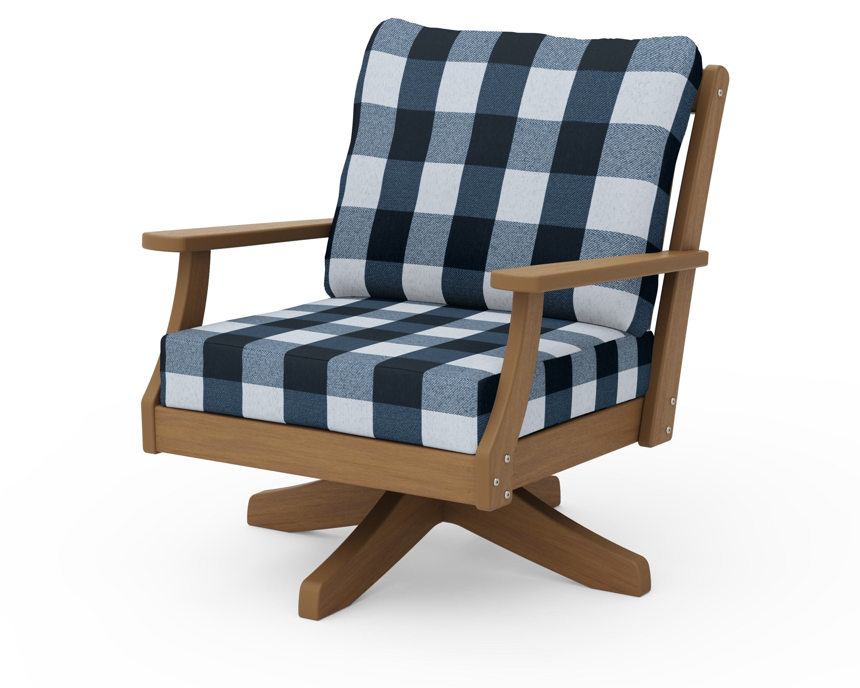 Braxton Deep Seating Swivel Chair in Natural / Buffalo Plaid Marine Indigo