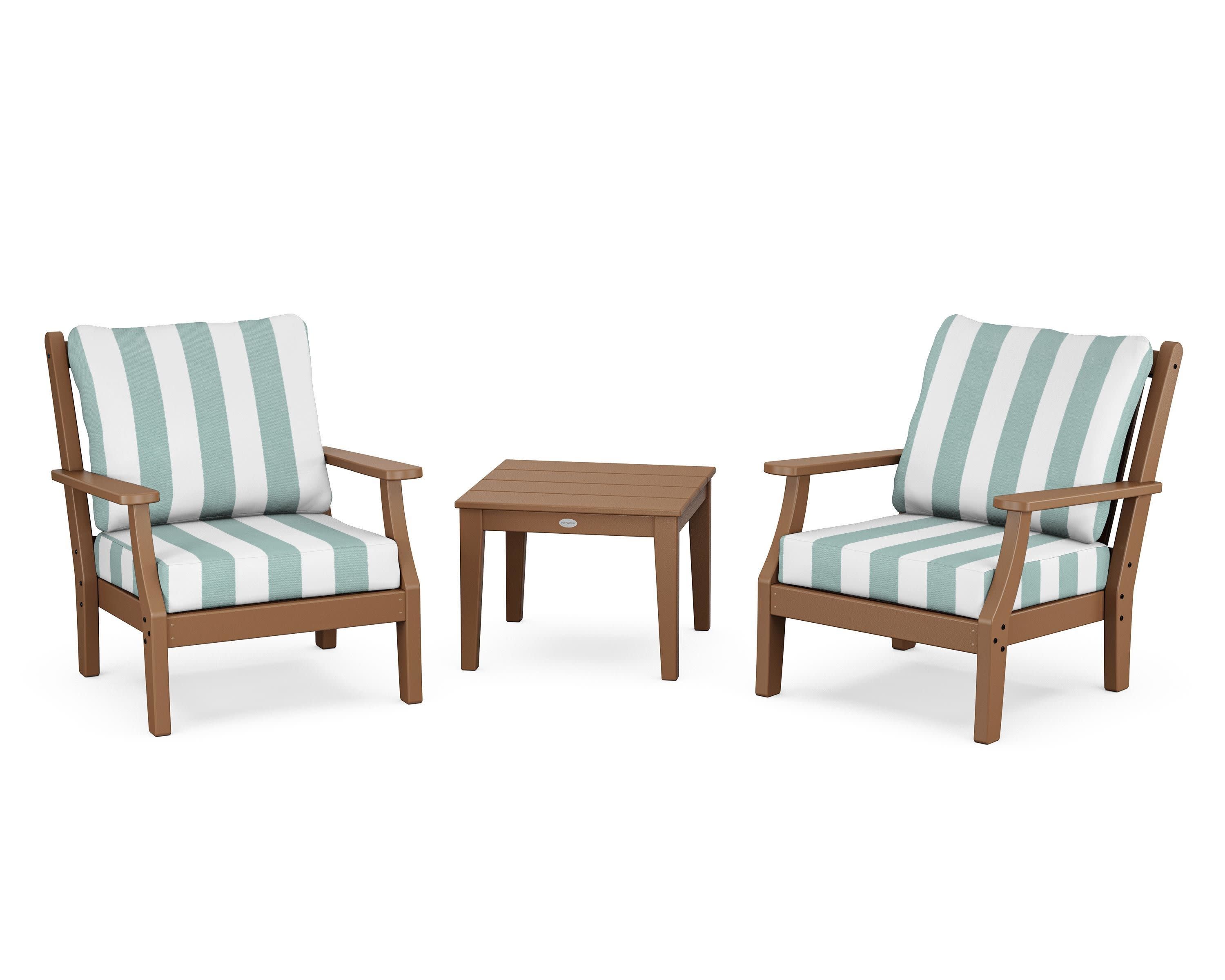 Wovendale 3-Piece Deep Seating Set in Teak / Cabana Stripe Glacier Spa