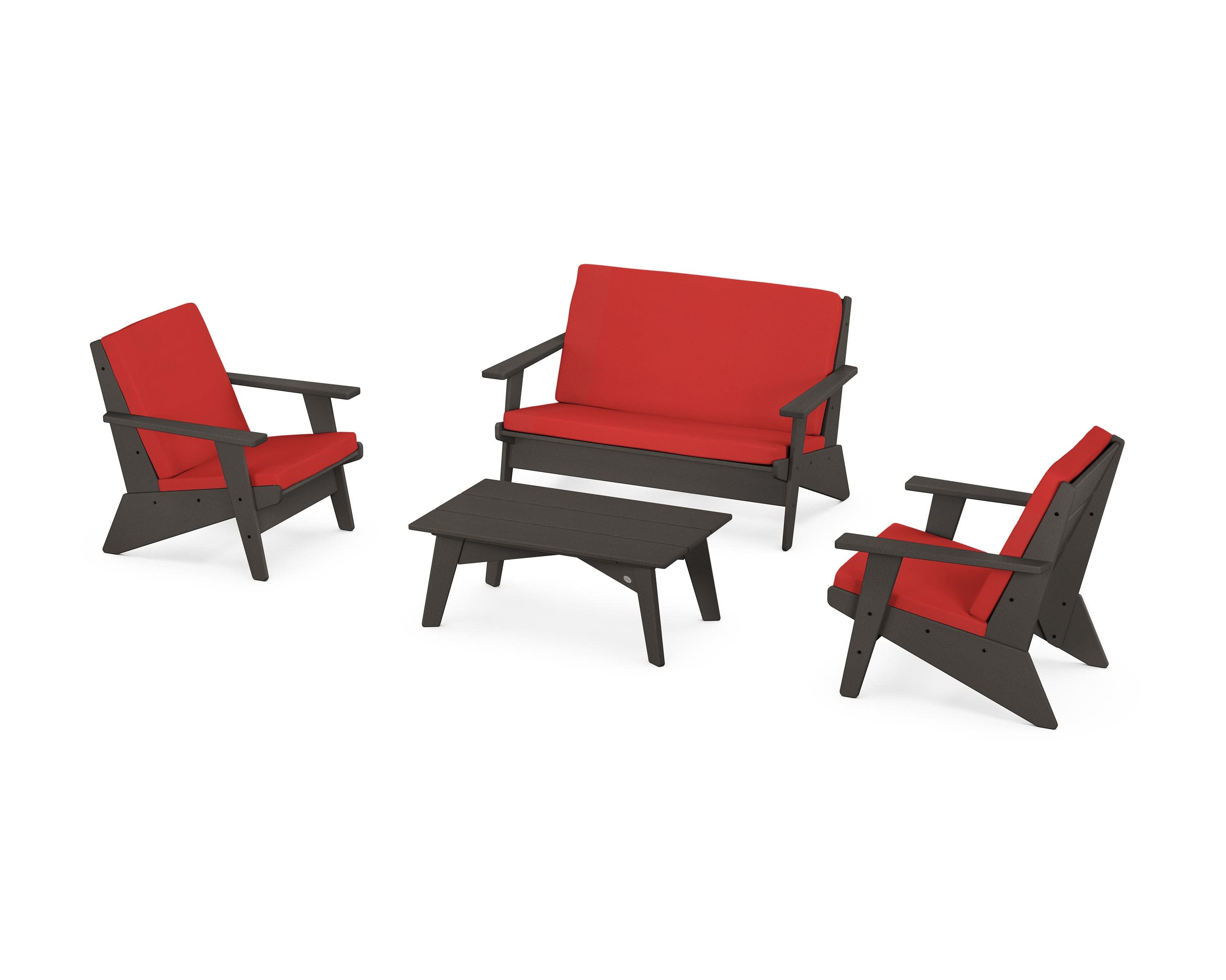 Riviera Modern Lounge 4-Piece Set in Vintage Coffee / Crimson Linen