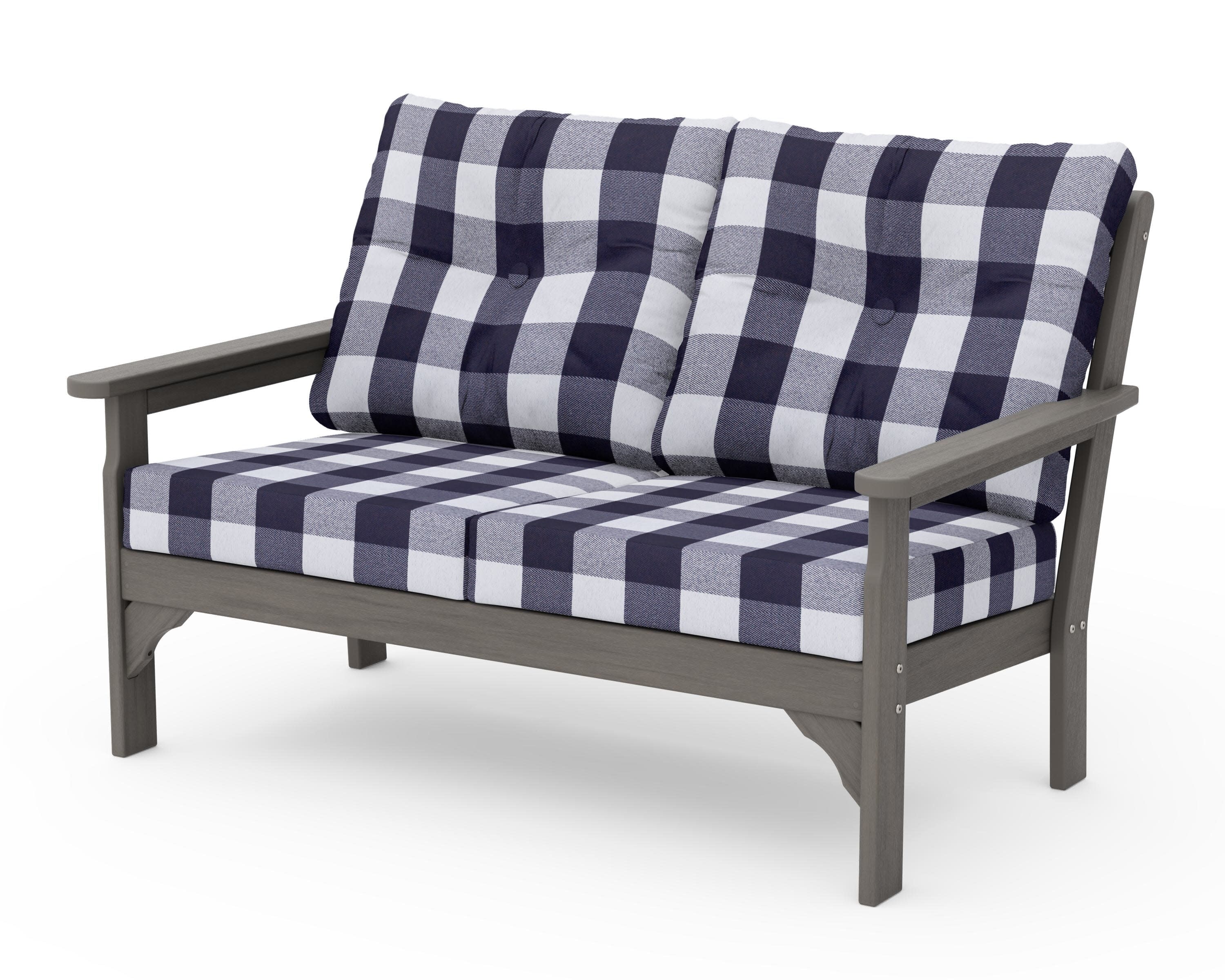 Vineyard Deep Seating Loveseat in Driftwood / Buffalo Plaid Navy