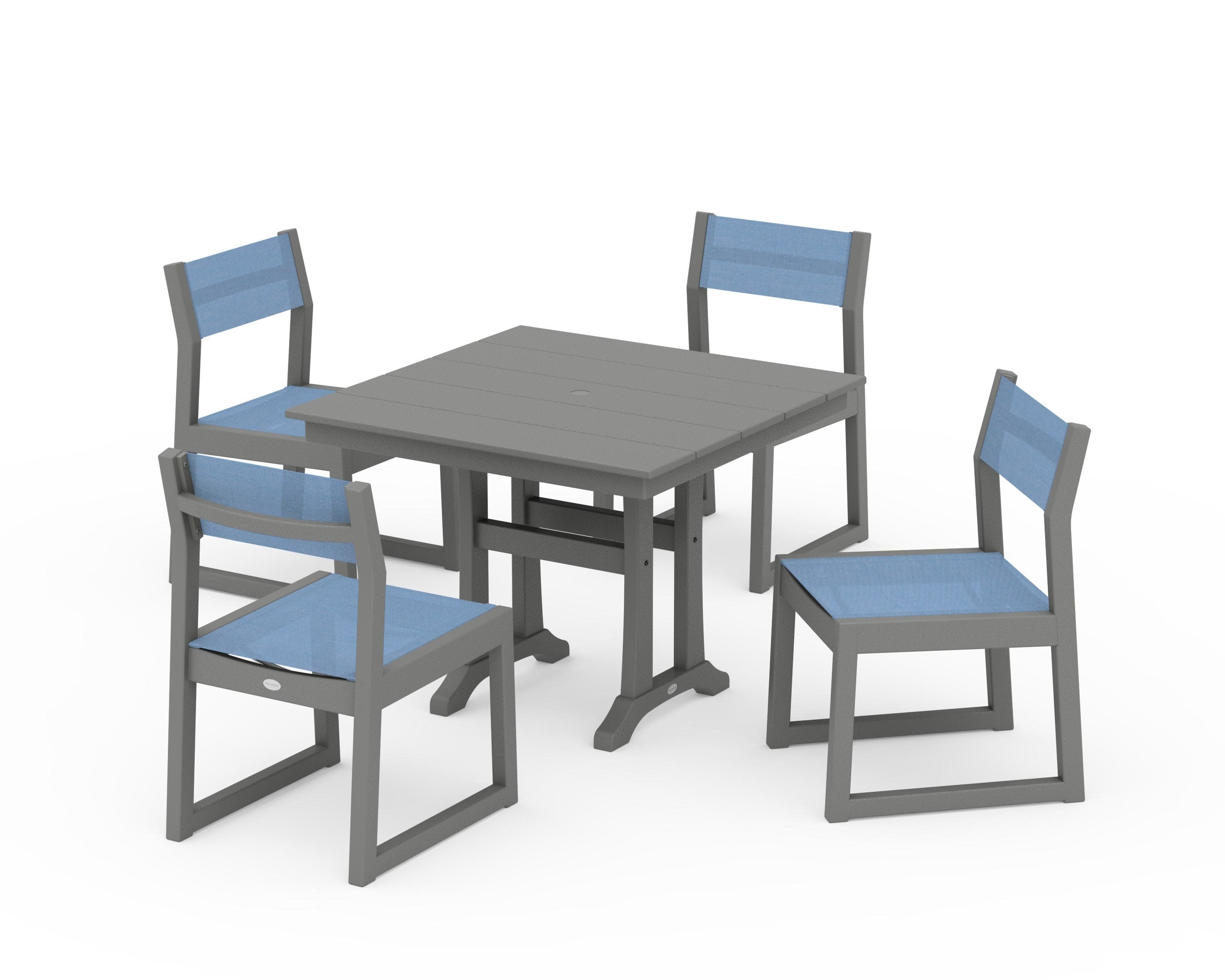 EDGE Sling 5-Piece Farmhouse Trestle Side Chair Dining Set in Slate Grey / Poolside Sling