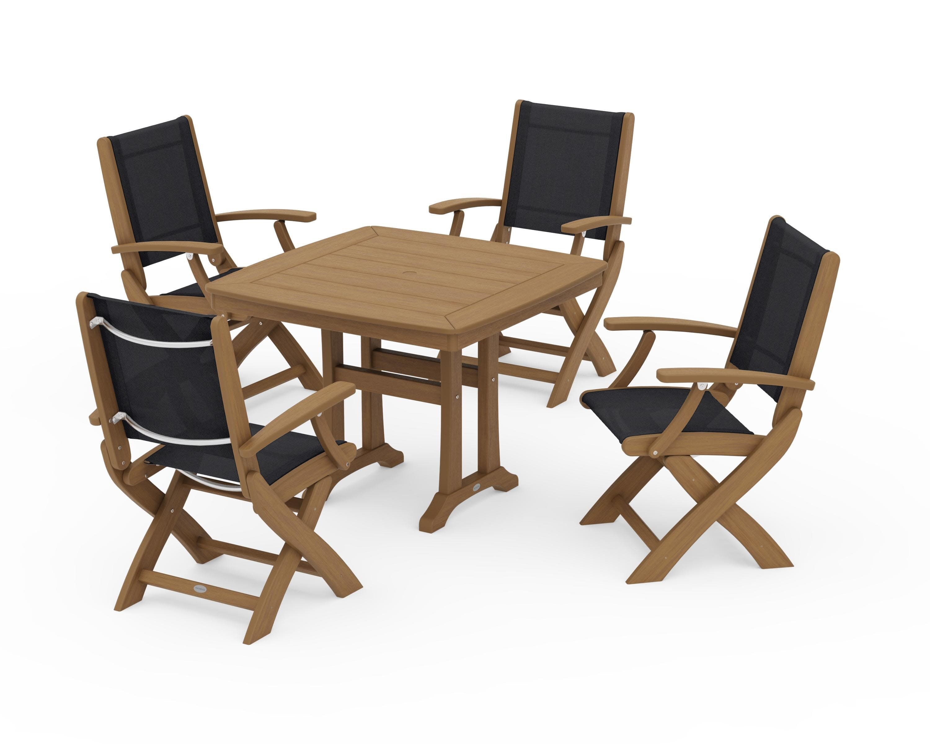 Coastal Folding Chair 5-Piece Dining Set with Trestle Legs in Natural / Black Sling