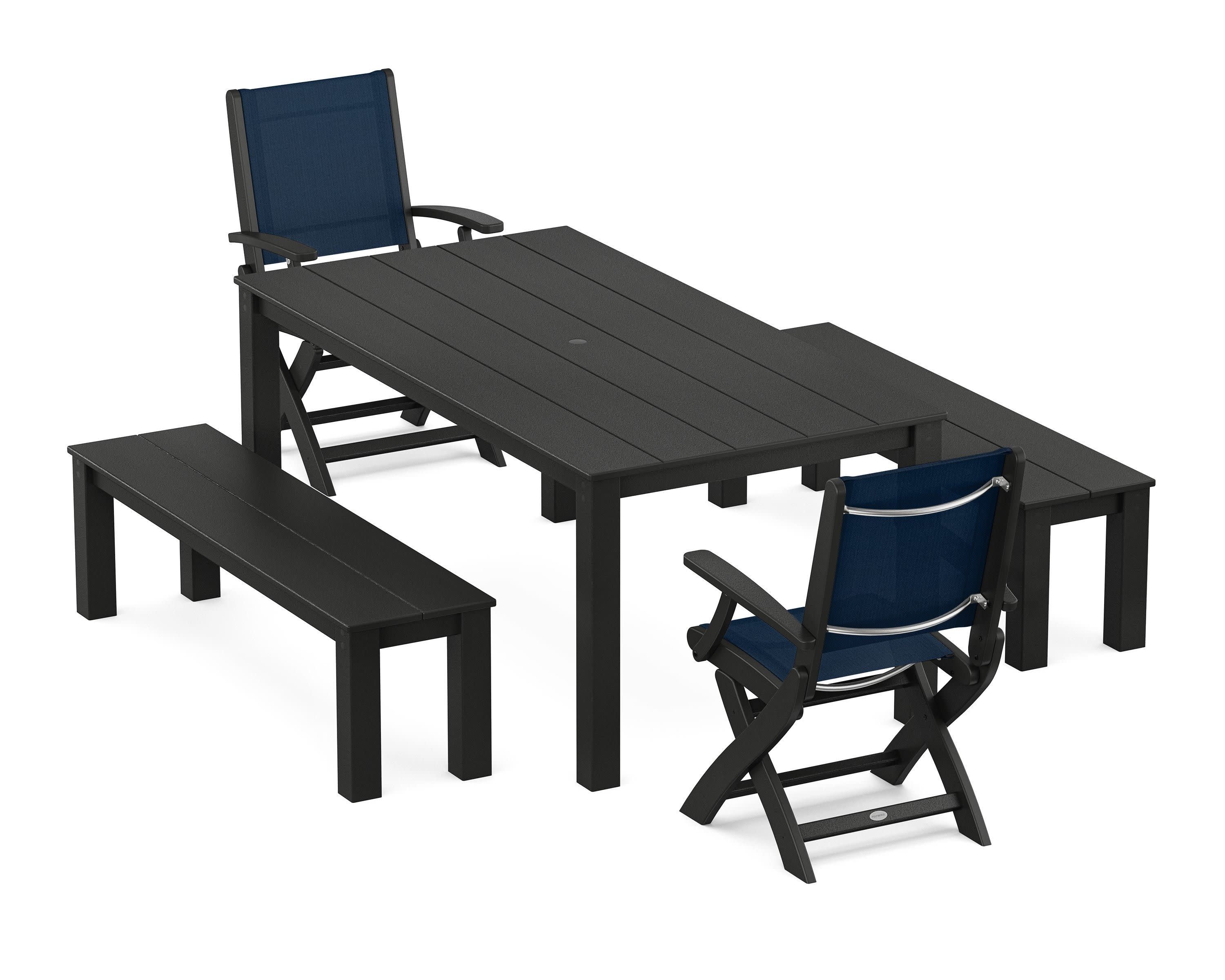 Coastal Folding Chair 5-Piece Parsons Dining Set with Benches in Black / Navy Blue Sling