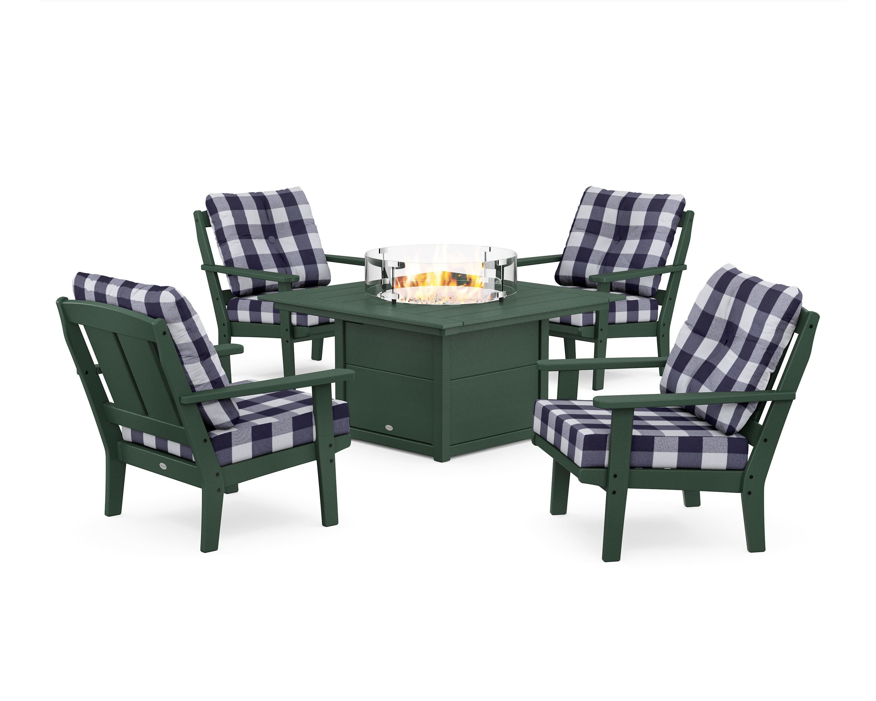 Mission 5-Piece Deep Seating Set with Fire Pit Table in Green / Buffalo Plaid Navy