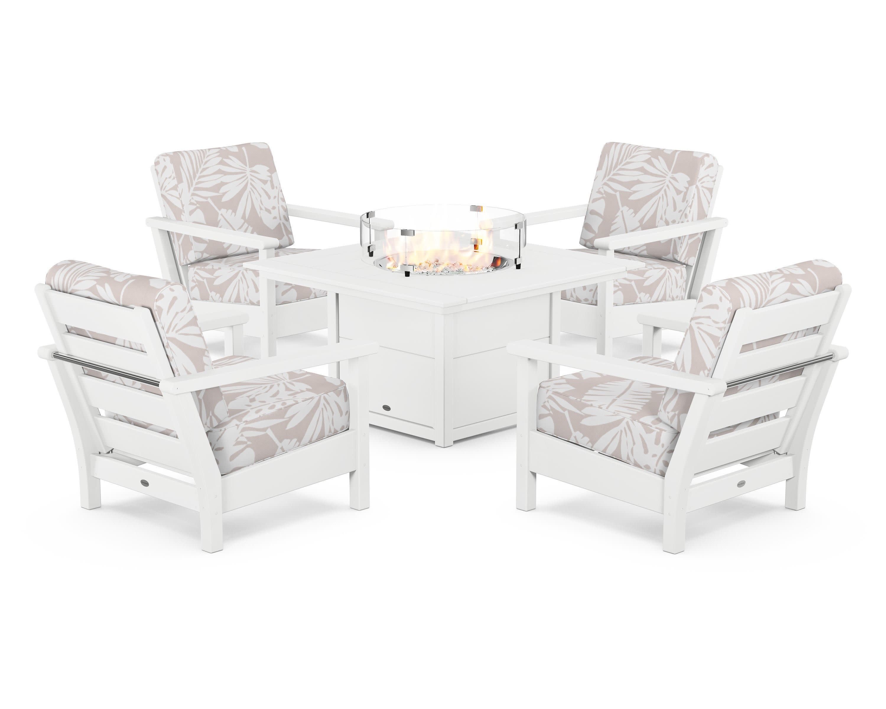 Harbour 5-Piece Conversation Set with Fire Pit Table in White / Leaf Dune Burlap