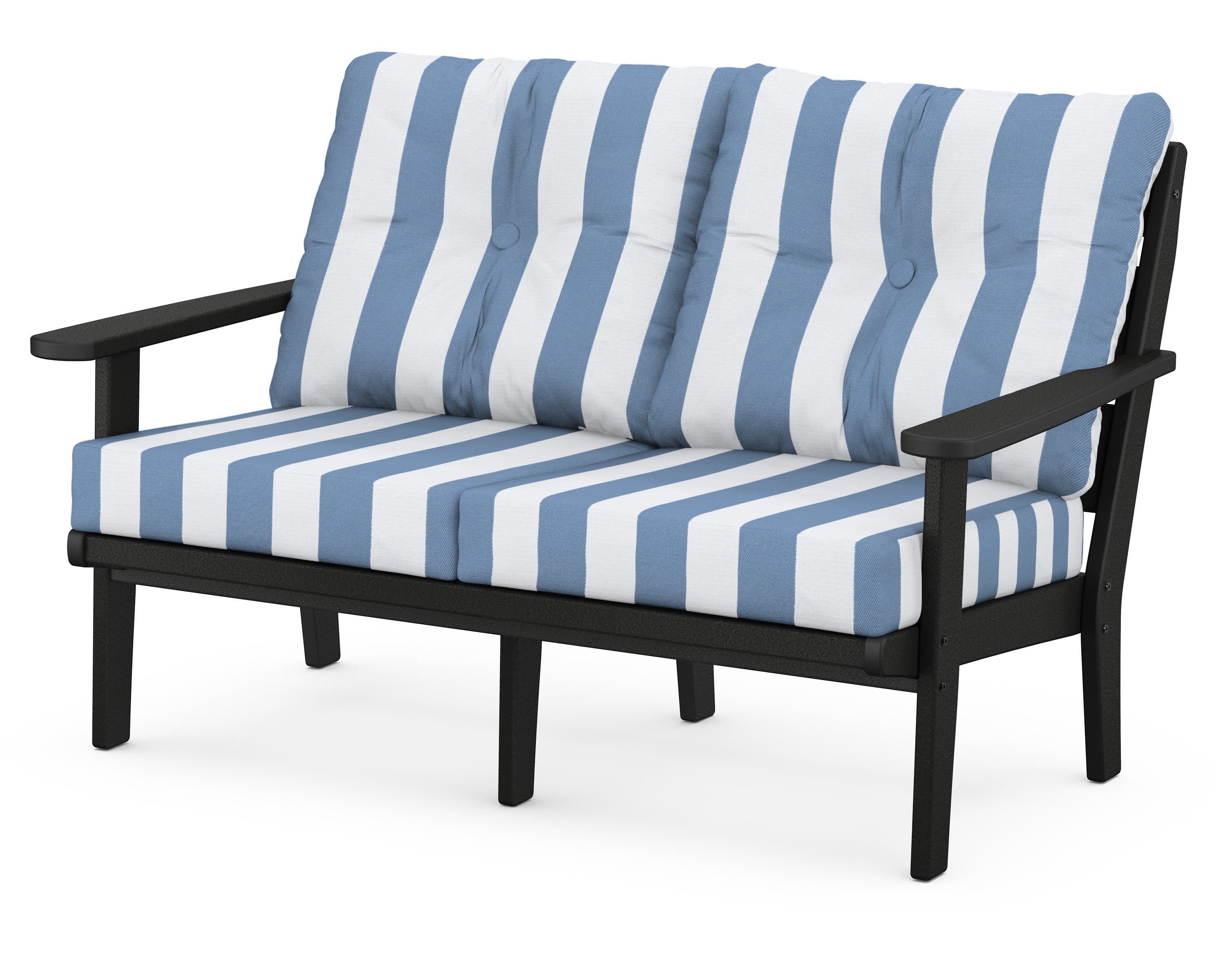 Lakeside Deep Seating Loveseat in Black / Cabana Stripe Sky Blue