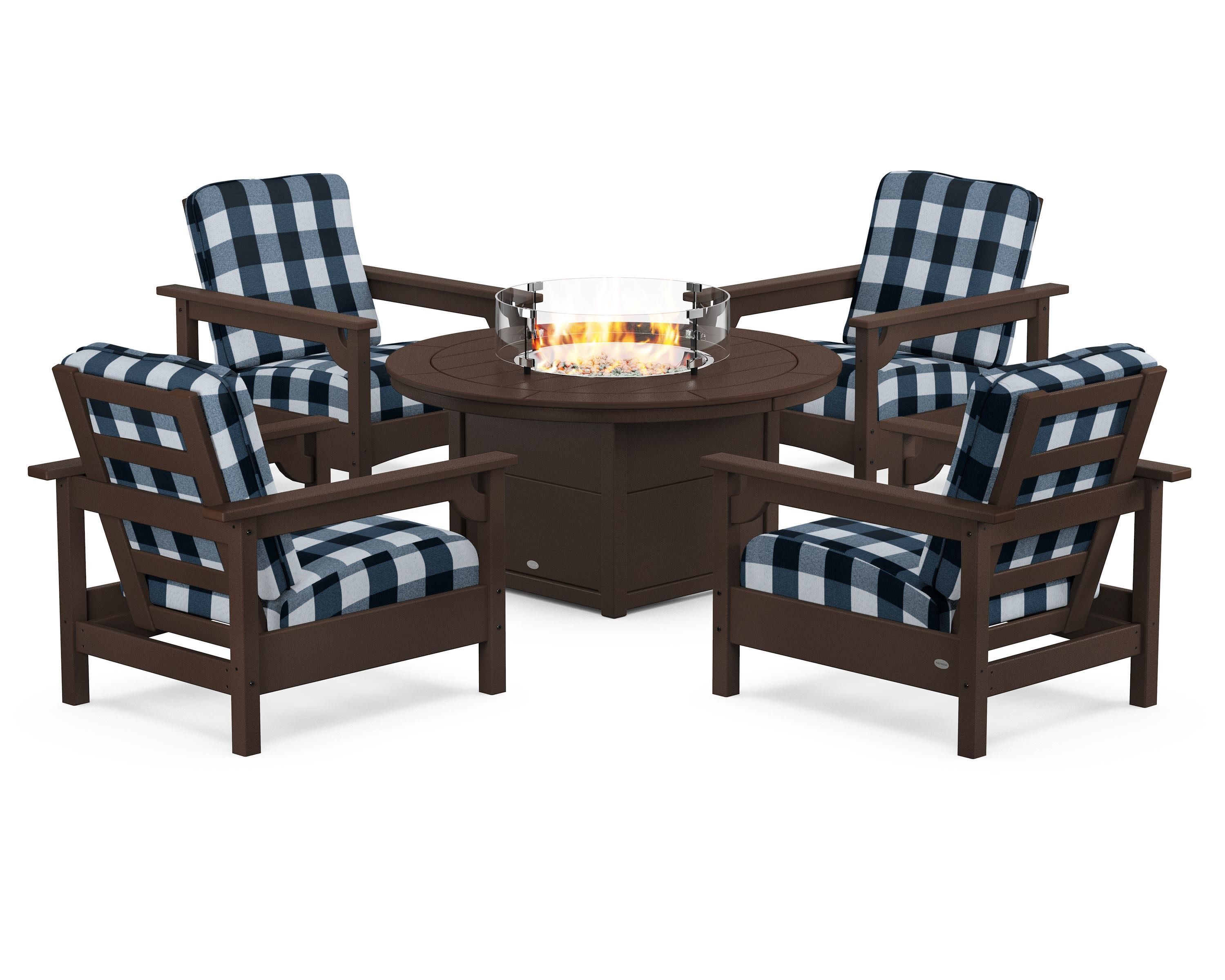 Club 5-Piece Conversation Set with Fire Pit Table in Mahogany / Buffalo Plaid Marine Indigo