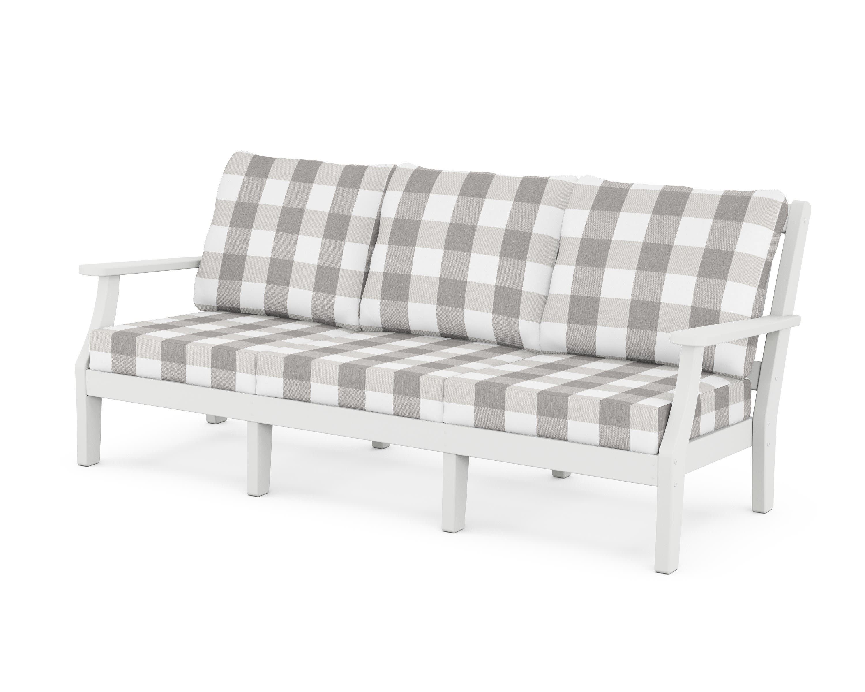 Chinoiserie Deep Seating Sofa in White / Buffalo Plaid Grey Mist
