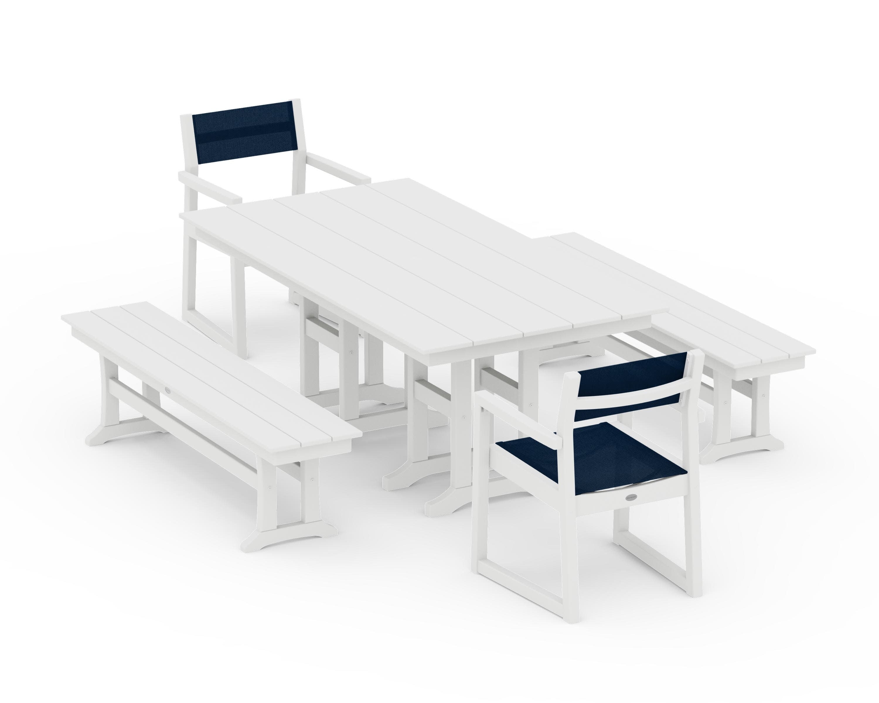 EDGE Sling Arm Chair 5-Piece Farmhouse Dining Set with Benches in White / Navy Blue Sling