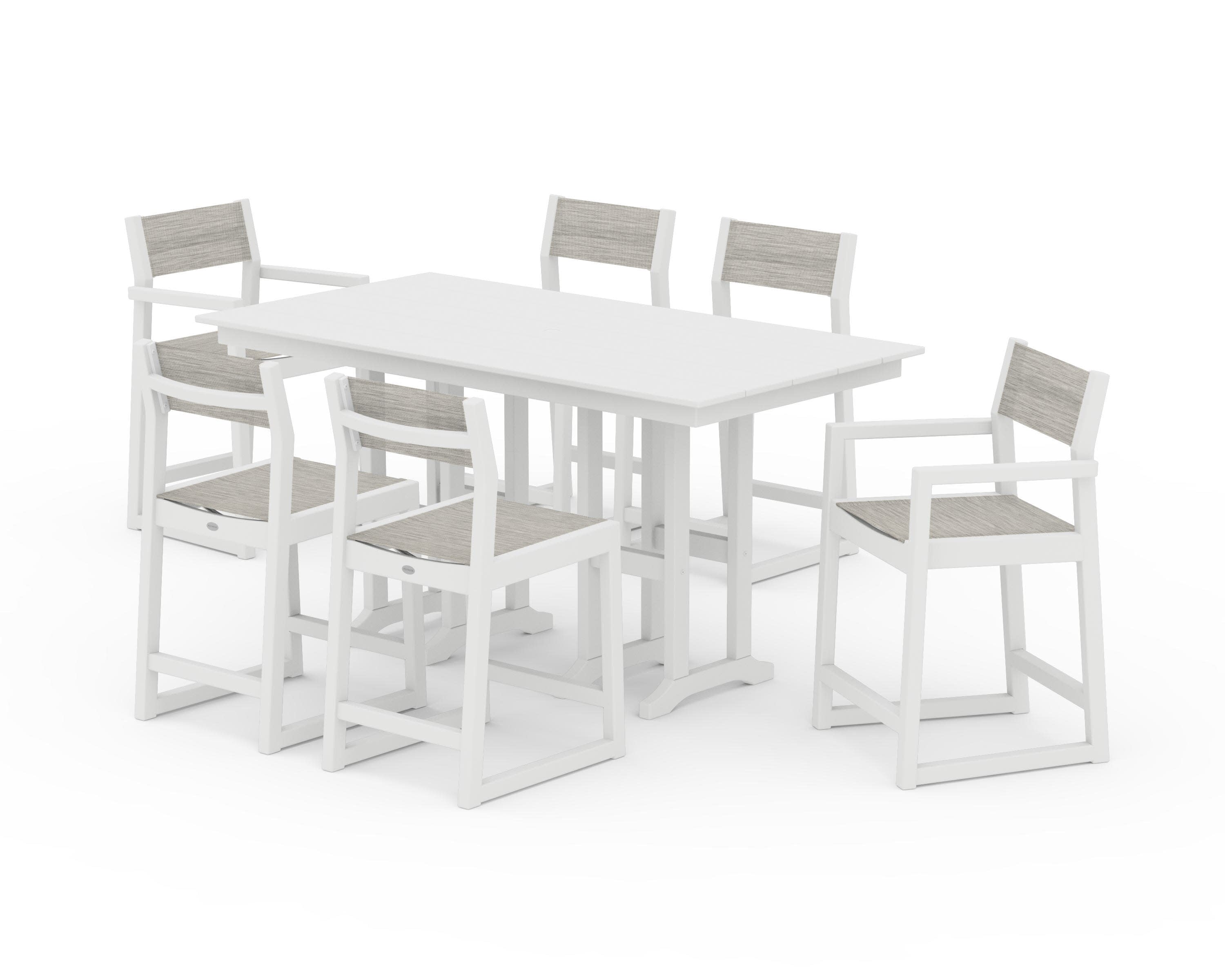 EDGE Sling 7-Piece Farmhouse Counter Set with Trestle Legs in White / Birch Sling