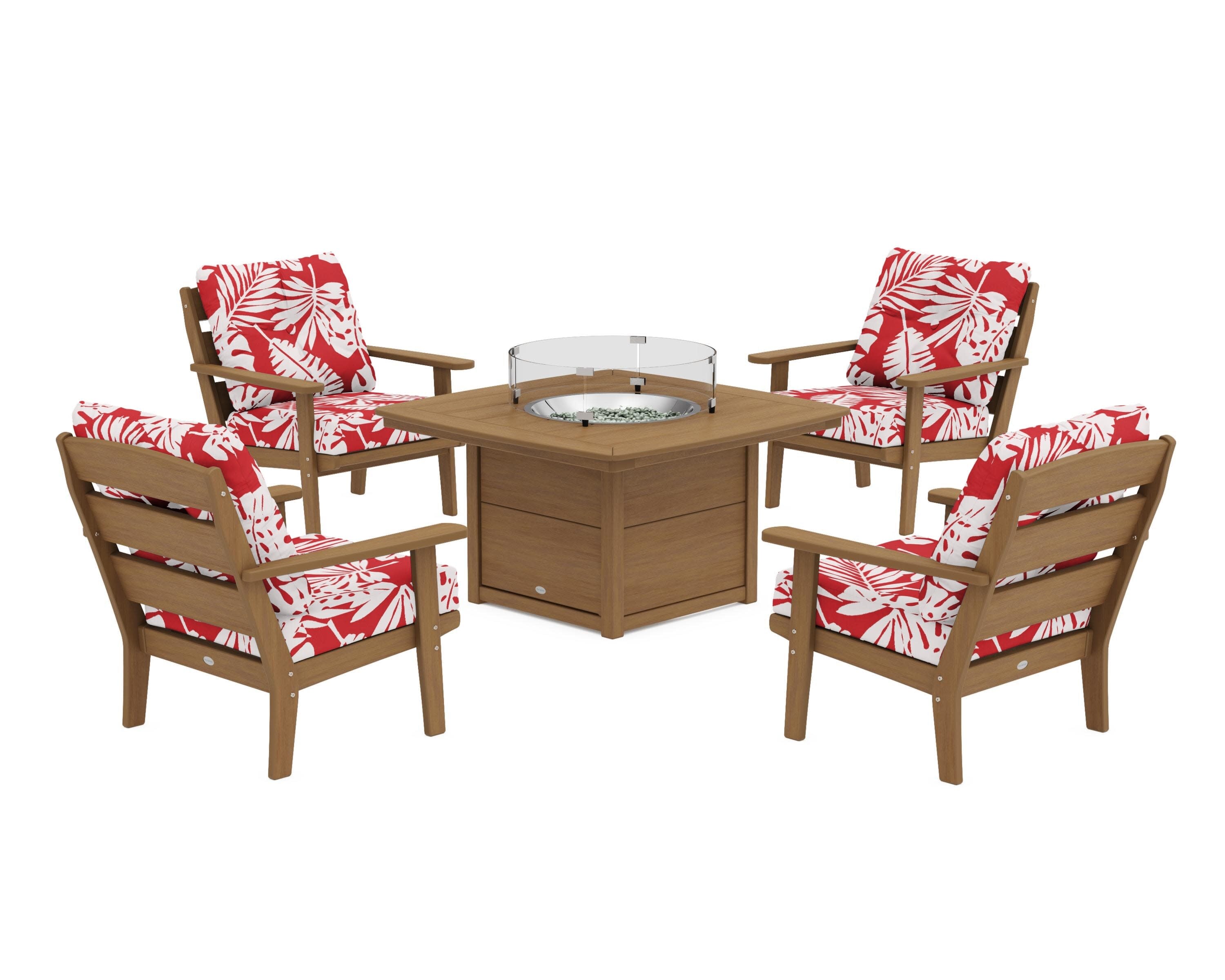 Lakeside 5-Piece Deep Seating Set with Nautical Fire Pit Table in Natural / Leaf Crimson