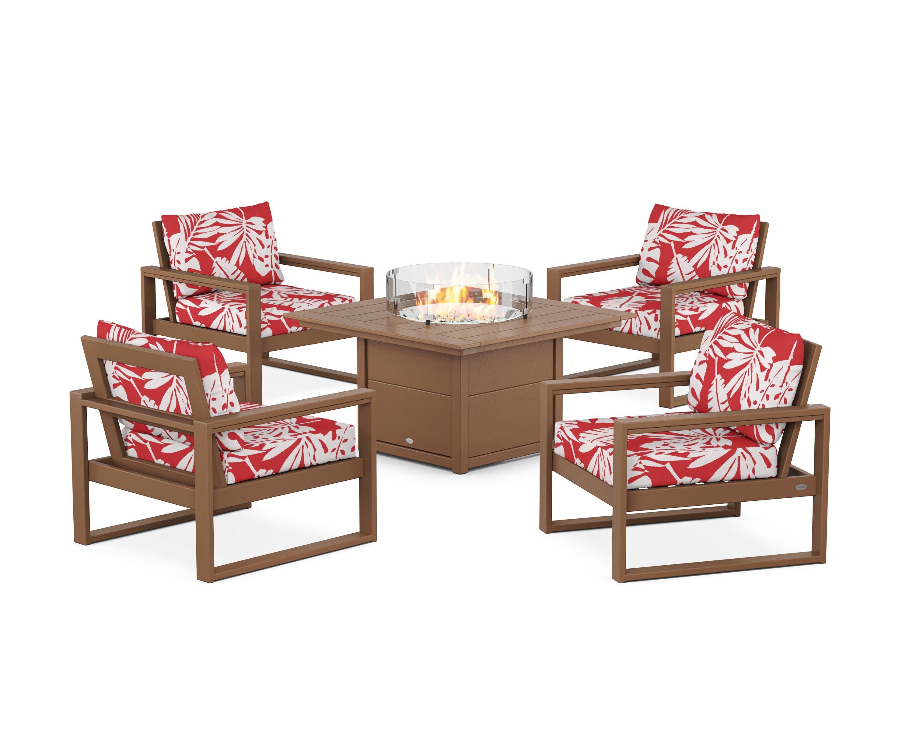 EDGE Sectional 5-Piece Deep Seating Set with Fire Pit Table in Teak / Leaf Crimson