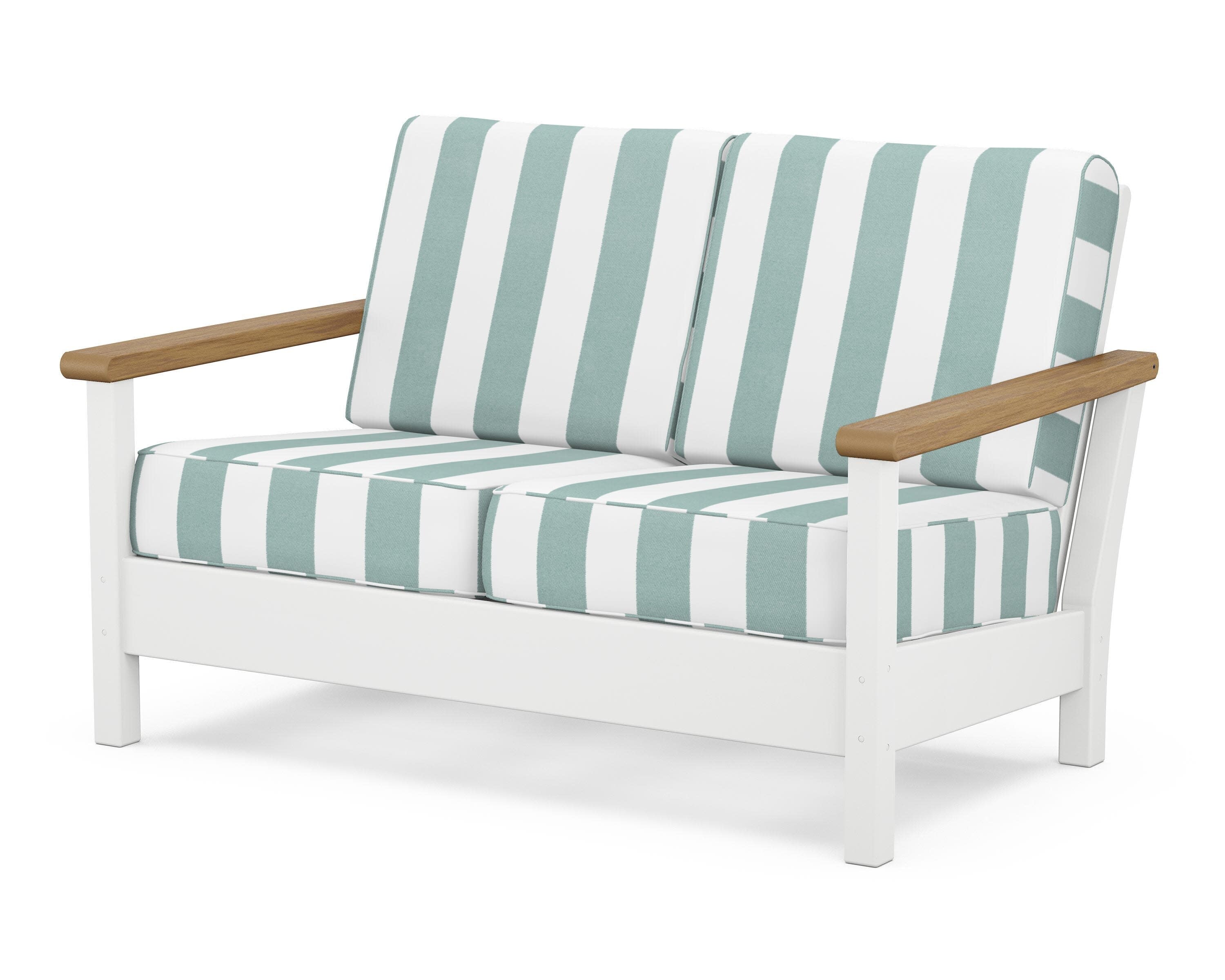 Harbour Deep Seating Loveseat in White / Natural / Cabana Stripe Glacier Spa