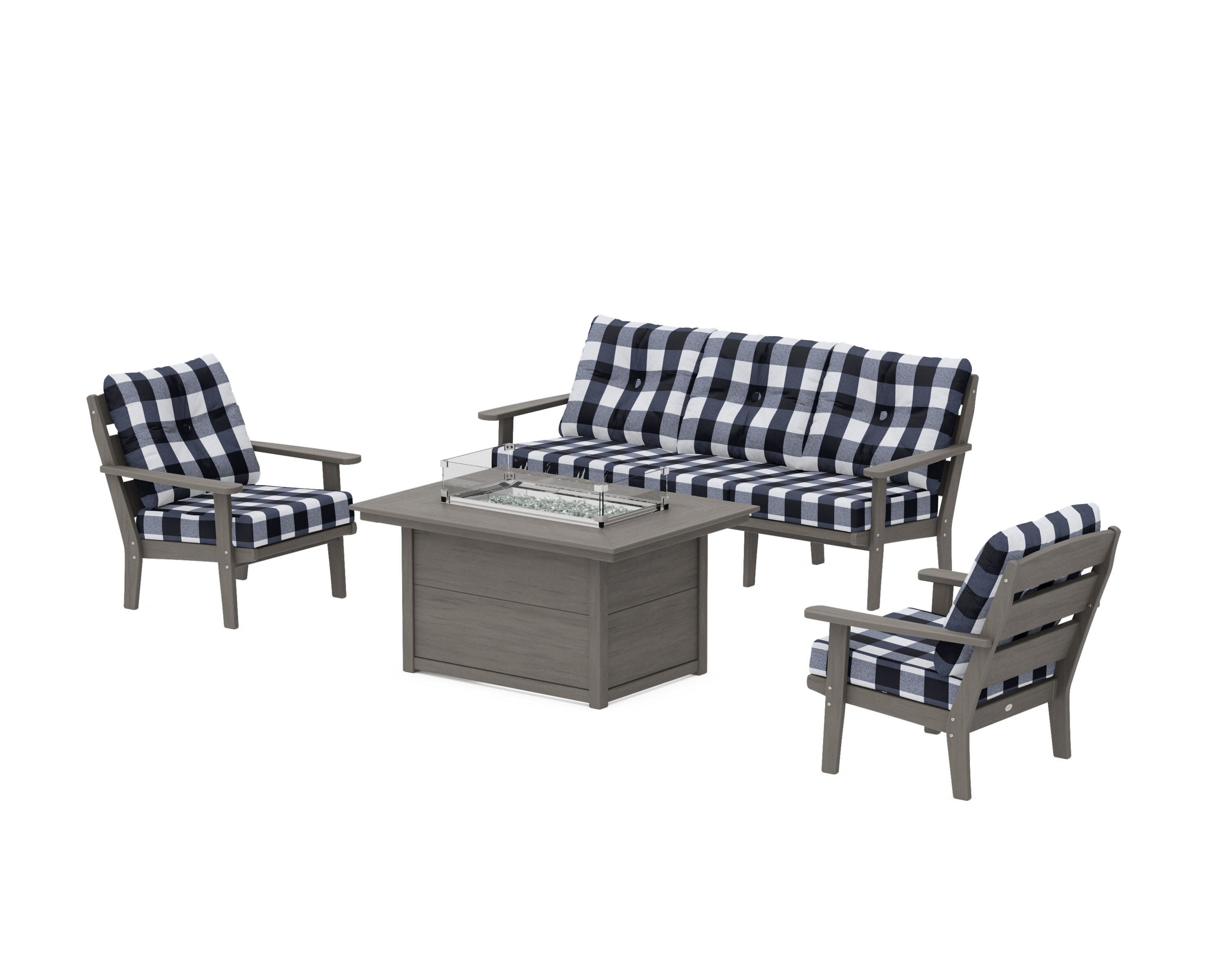 Lakeside Deep Seating Fire Pit Table Set in Driftwood / Buffalo Plaid Marine Indigo