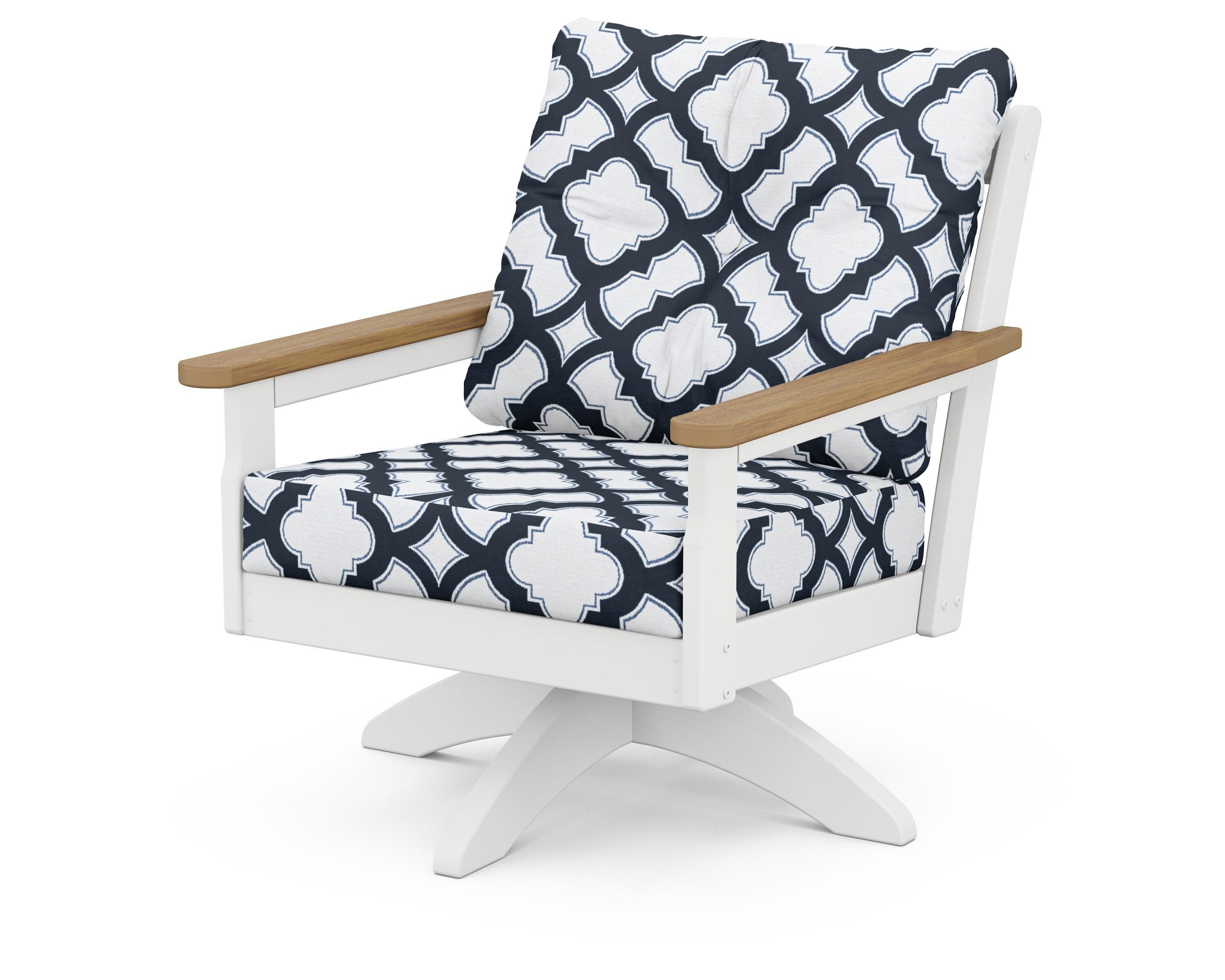Vineyard Deep Seating Swivel Chair in White / Natural / Trellis Marine Indigo