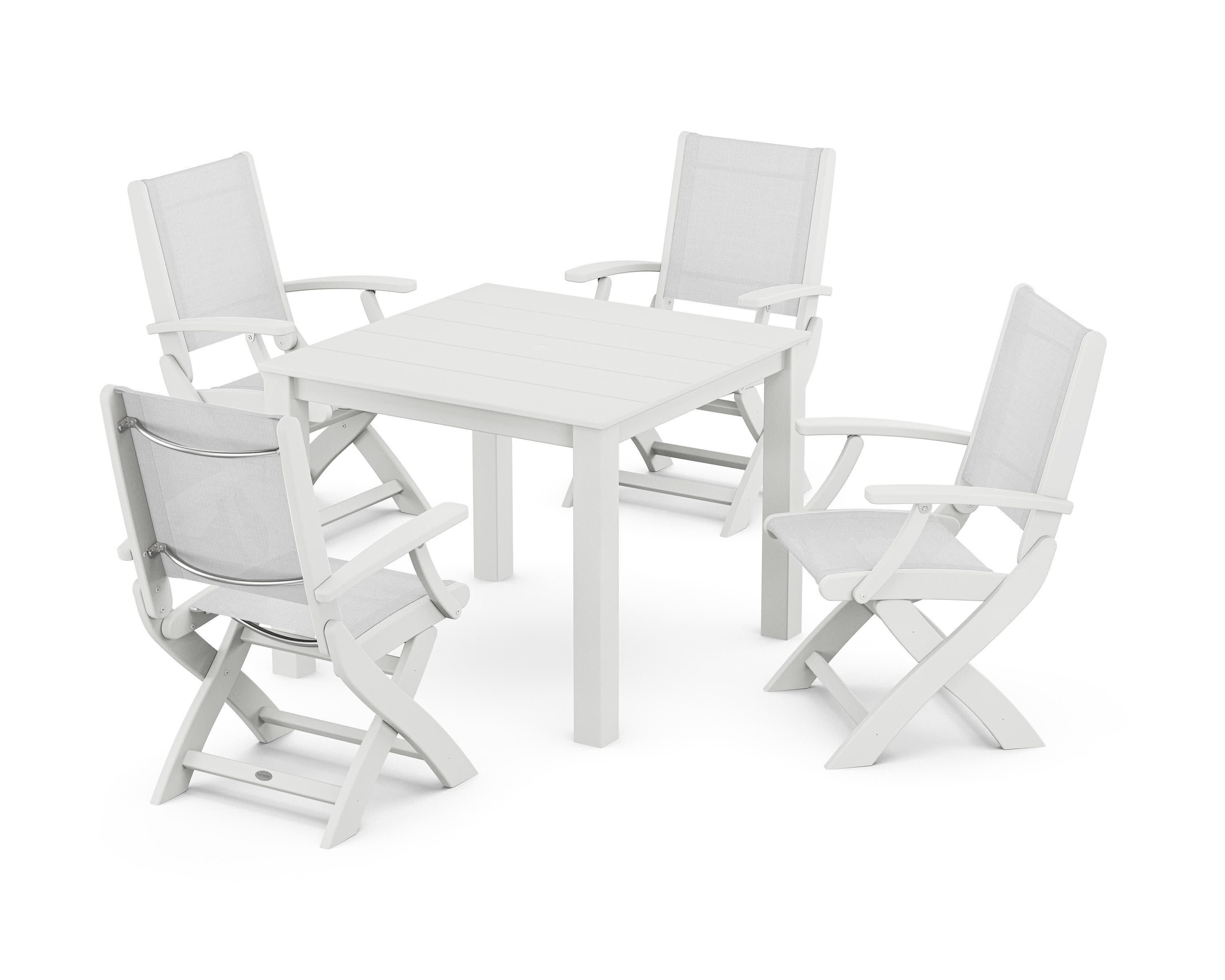 Coastal Folding Chair 5-Piece Parsons Dining Set in White / White Sling