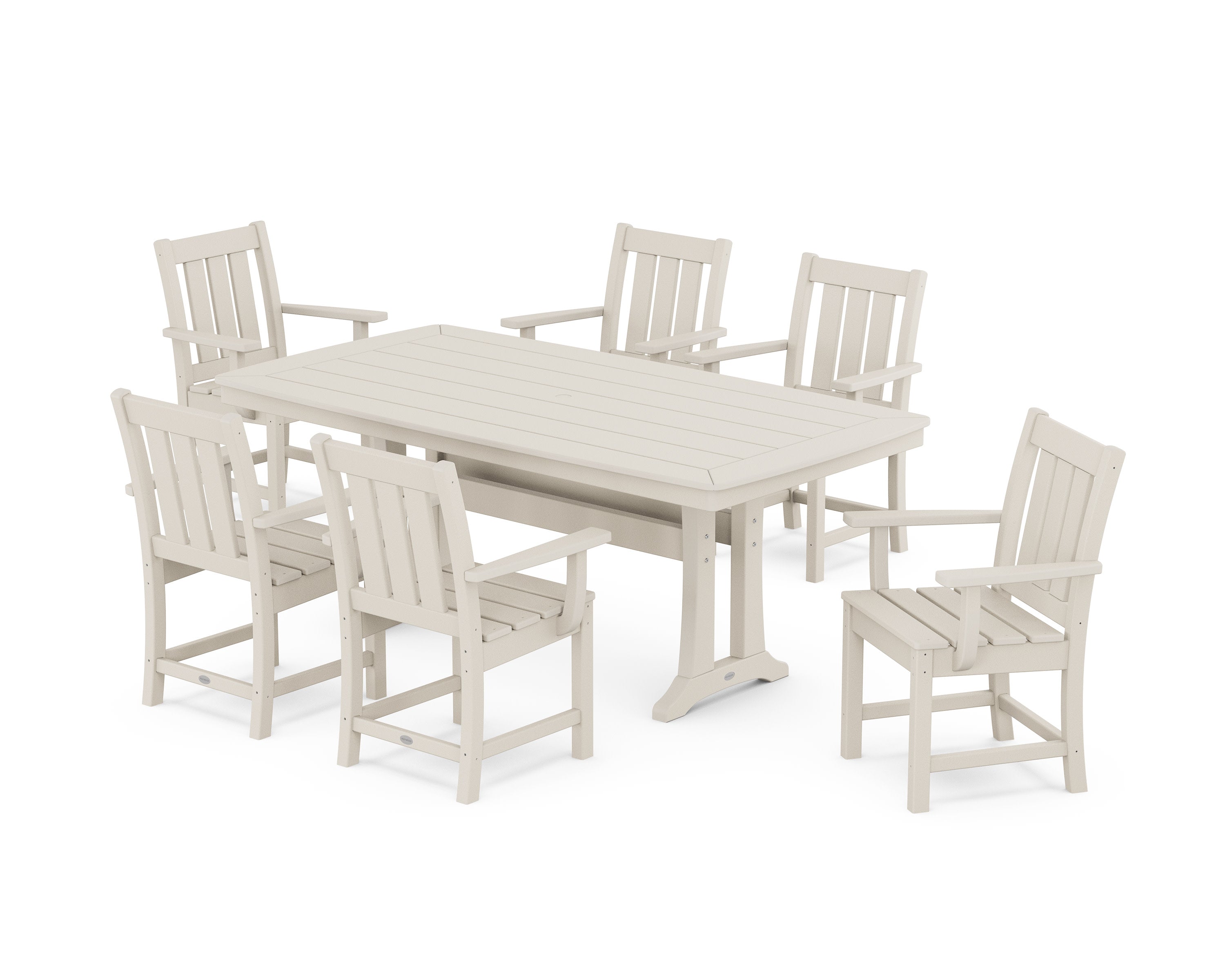 Oxford Arm Chair 7-Piece Dining Set with Trestle Legs in Sand