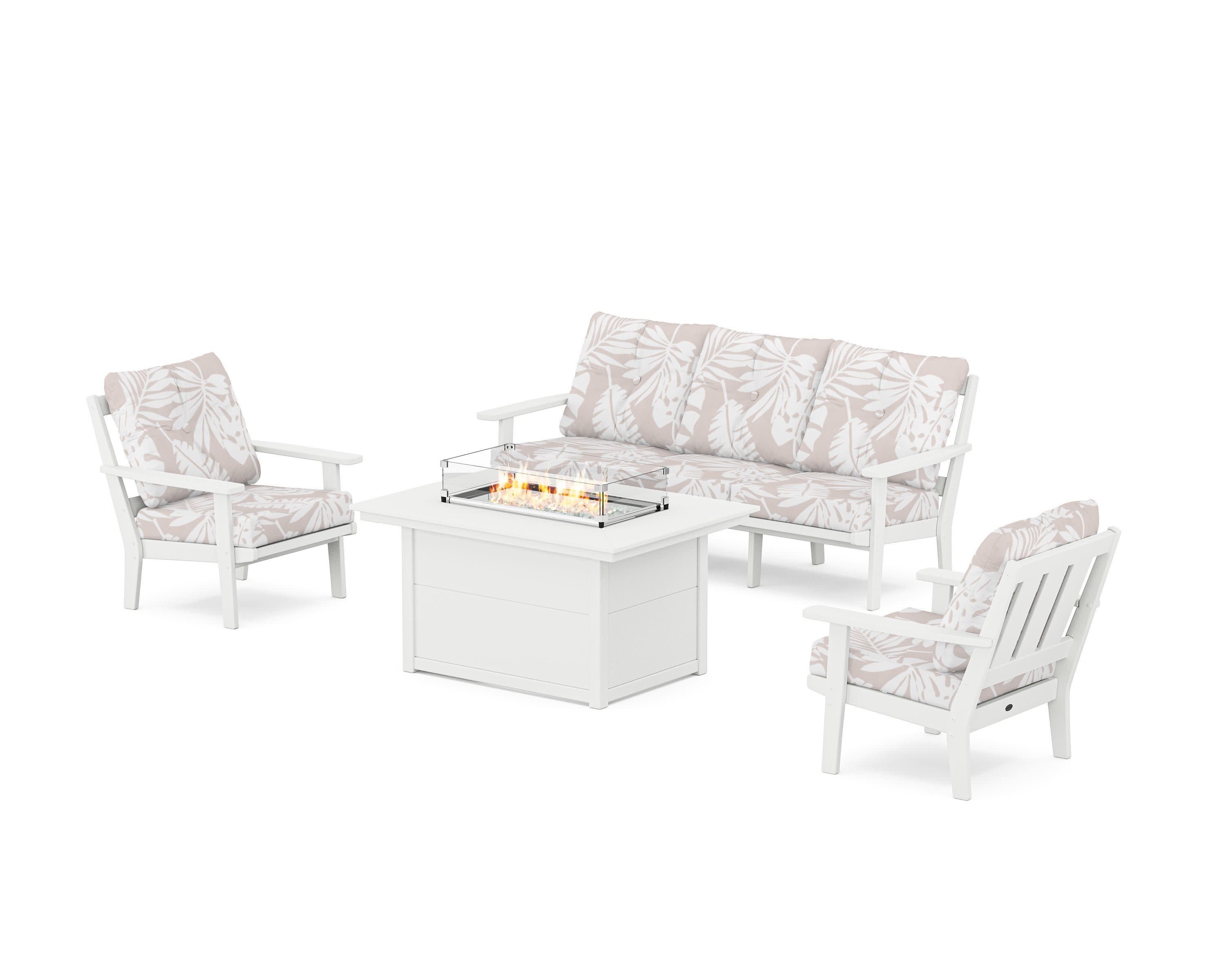 Oxford Deep Seating Fire Pit Table Set in White / Leaf Dune Burlap