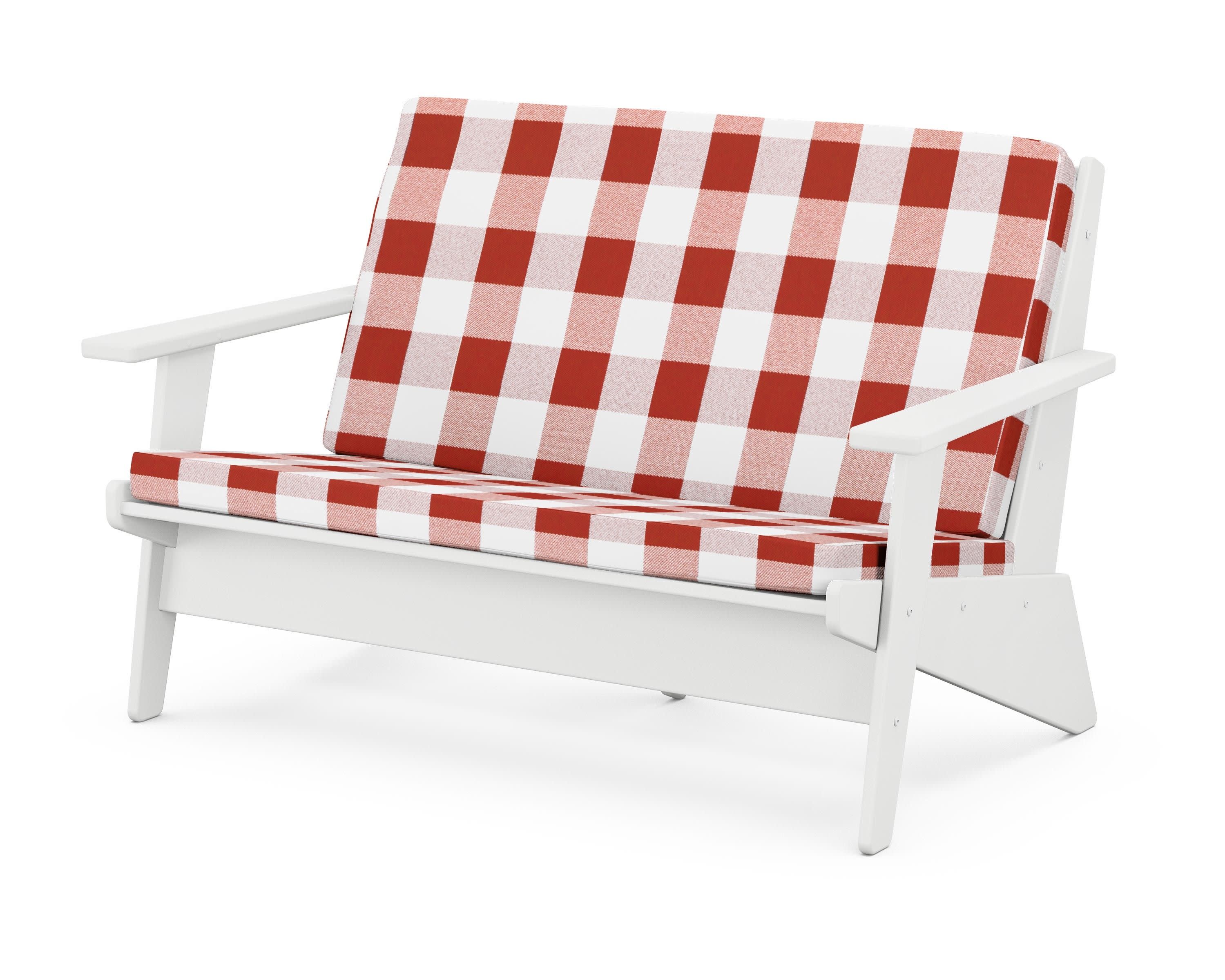 Riviera Modern Lounge Loveseat in White / Buffalo Plaid Crimson