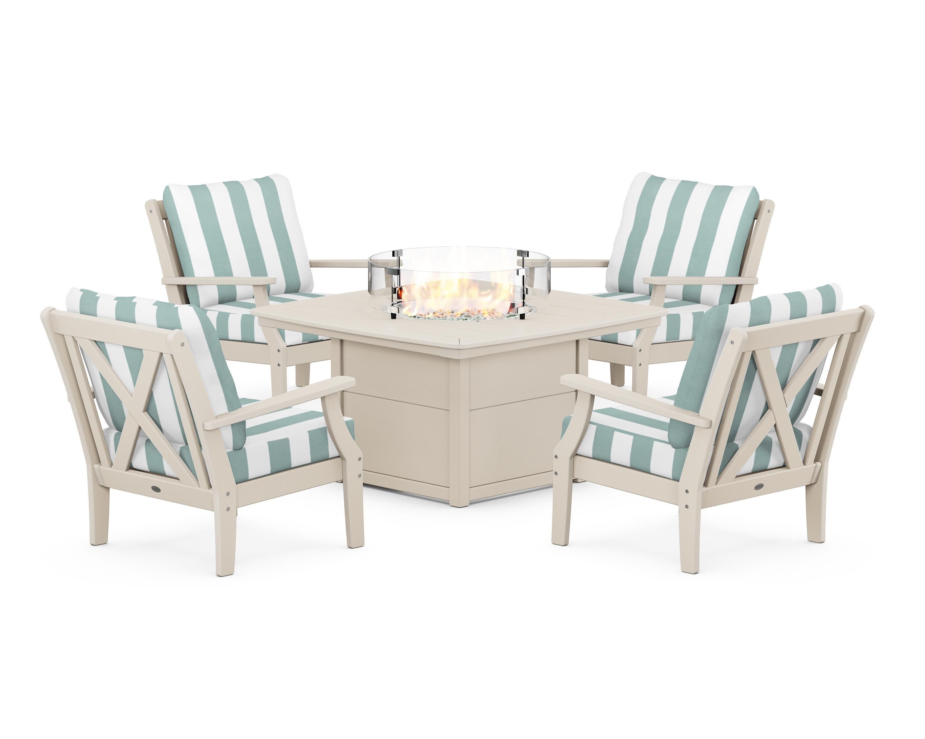 Braxton 5-Piece Deep Seating Conversation Set with Fire Pit Table in Sand / Cabana Stripe Glacier Spa