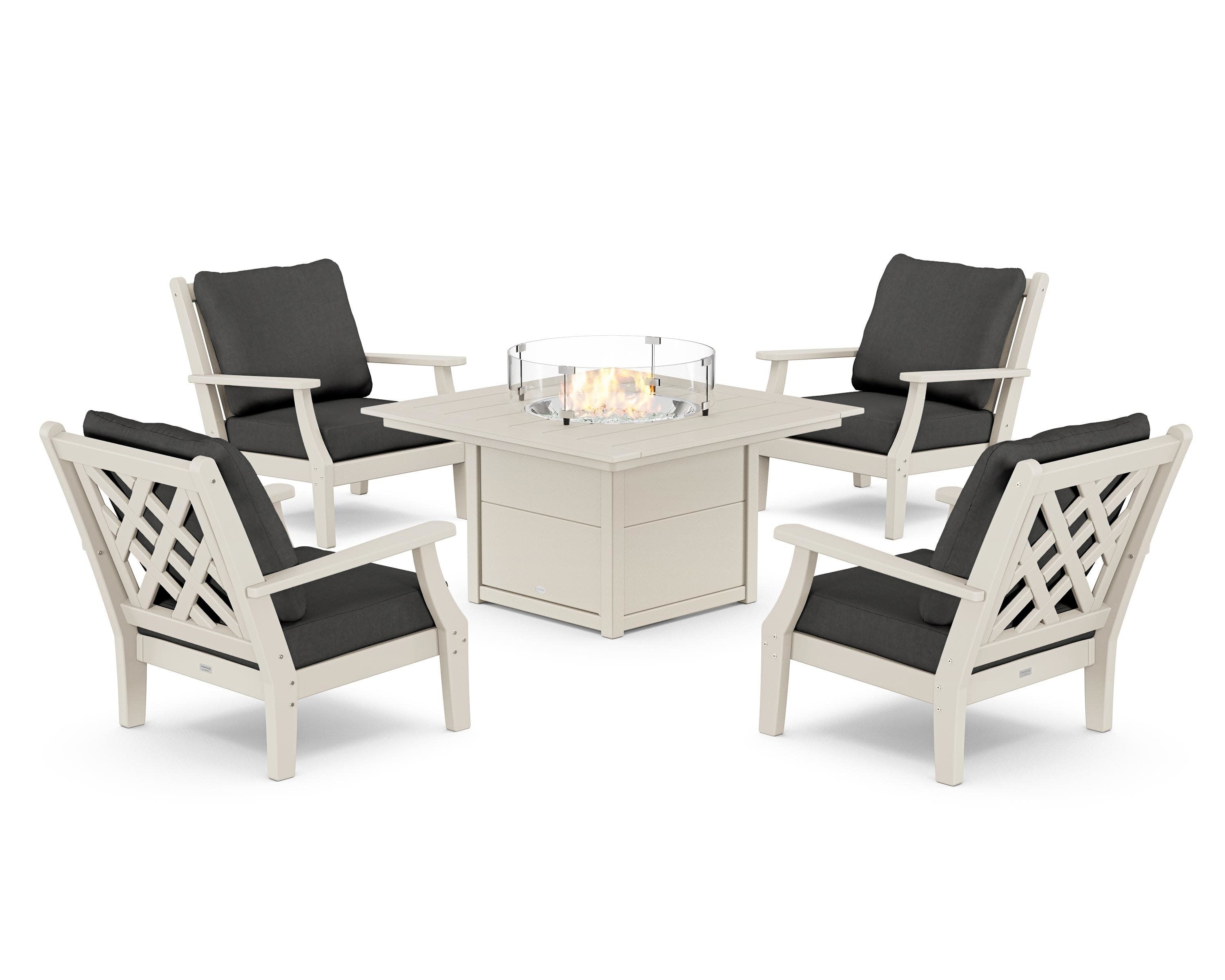 Wovendale 5-Piece Deep Seating Set with Fire Pit Table in Sand / Spectrum Carbon