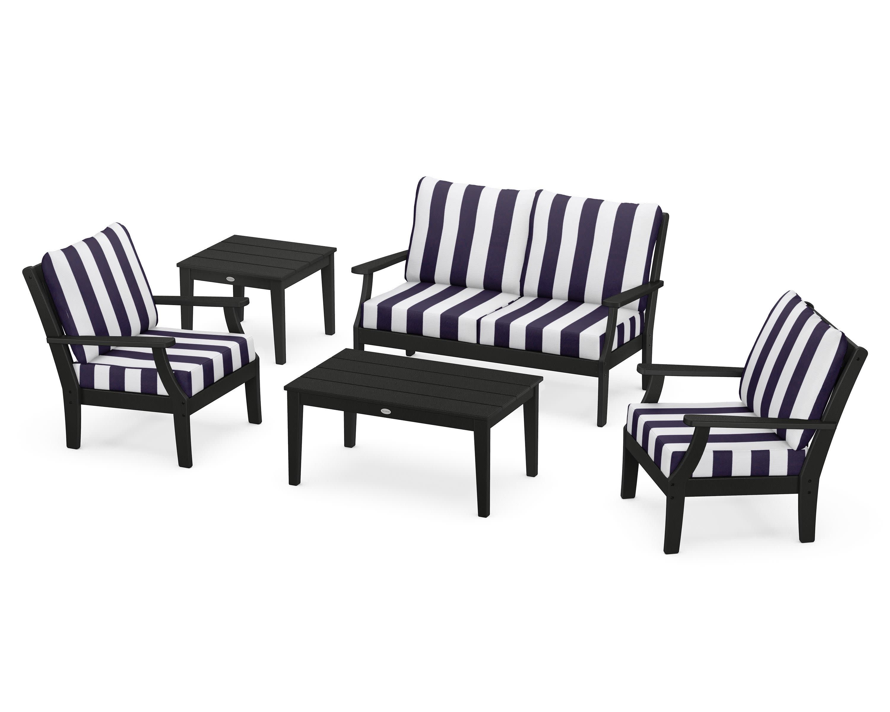 Braxton 5-Piece Deep Seating Set in Black / Cabana Stripe Navy