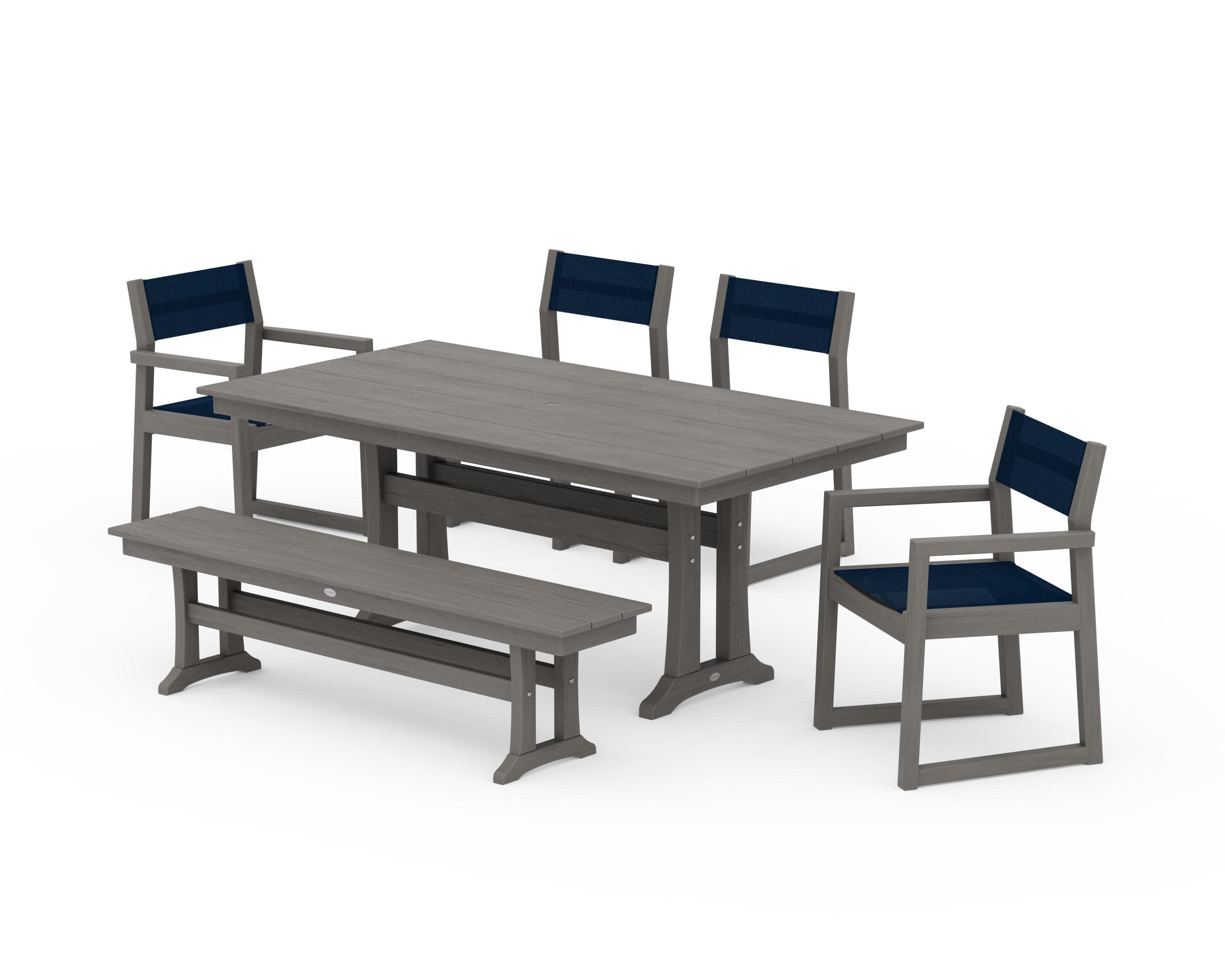 EDGE Sling 6-Piece Farmhouse Dining Set With Trestle Legs in Driftwood / Navy Blue Sling