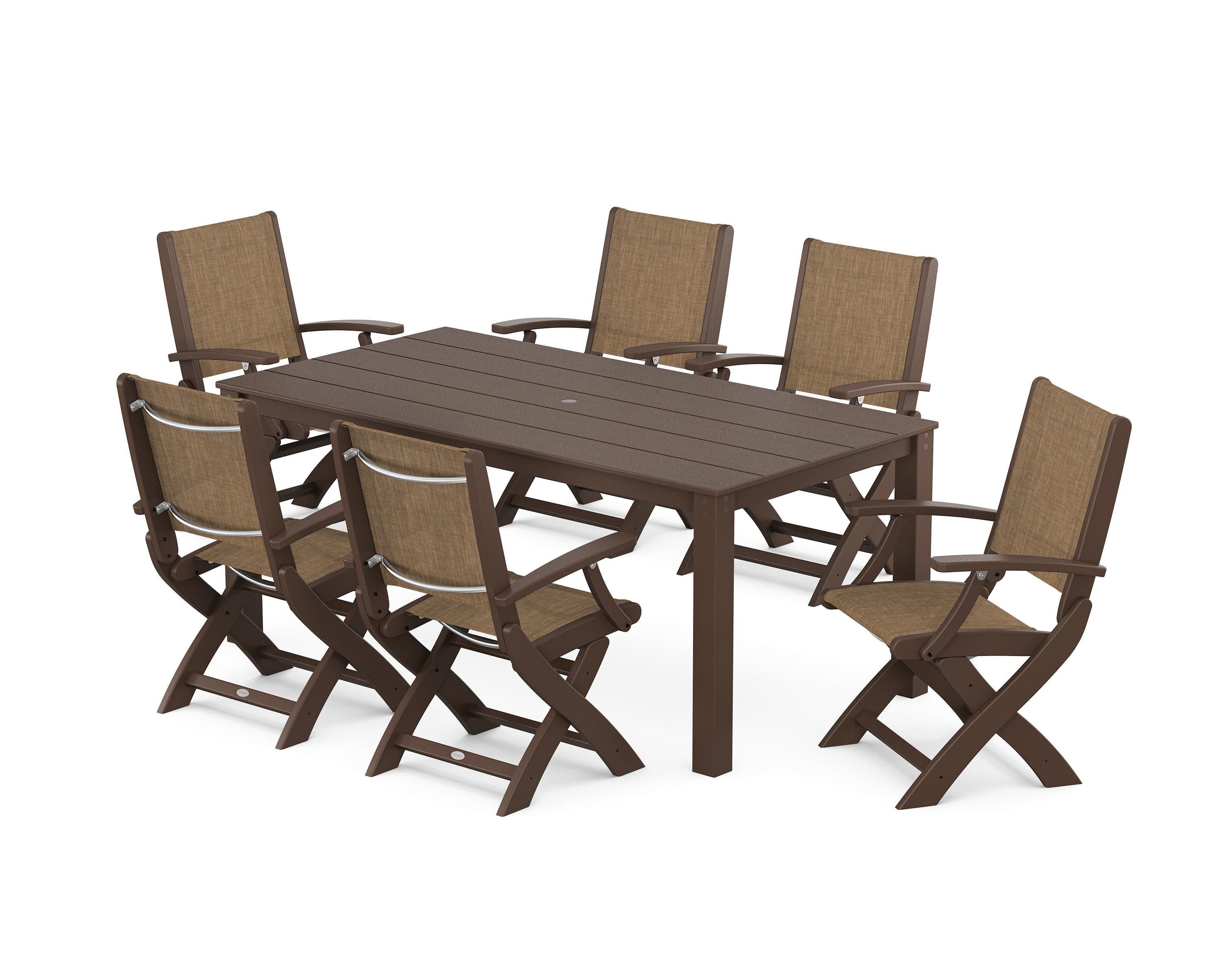 Coastal Folding Chair 7-Piece Parsons Dining Set in Mahogany / Burlap Sling