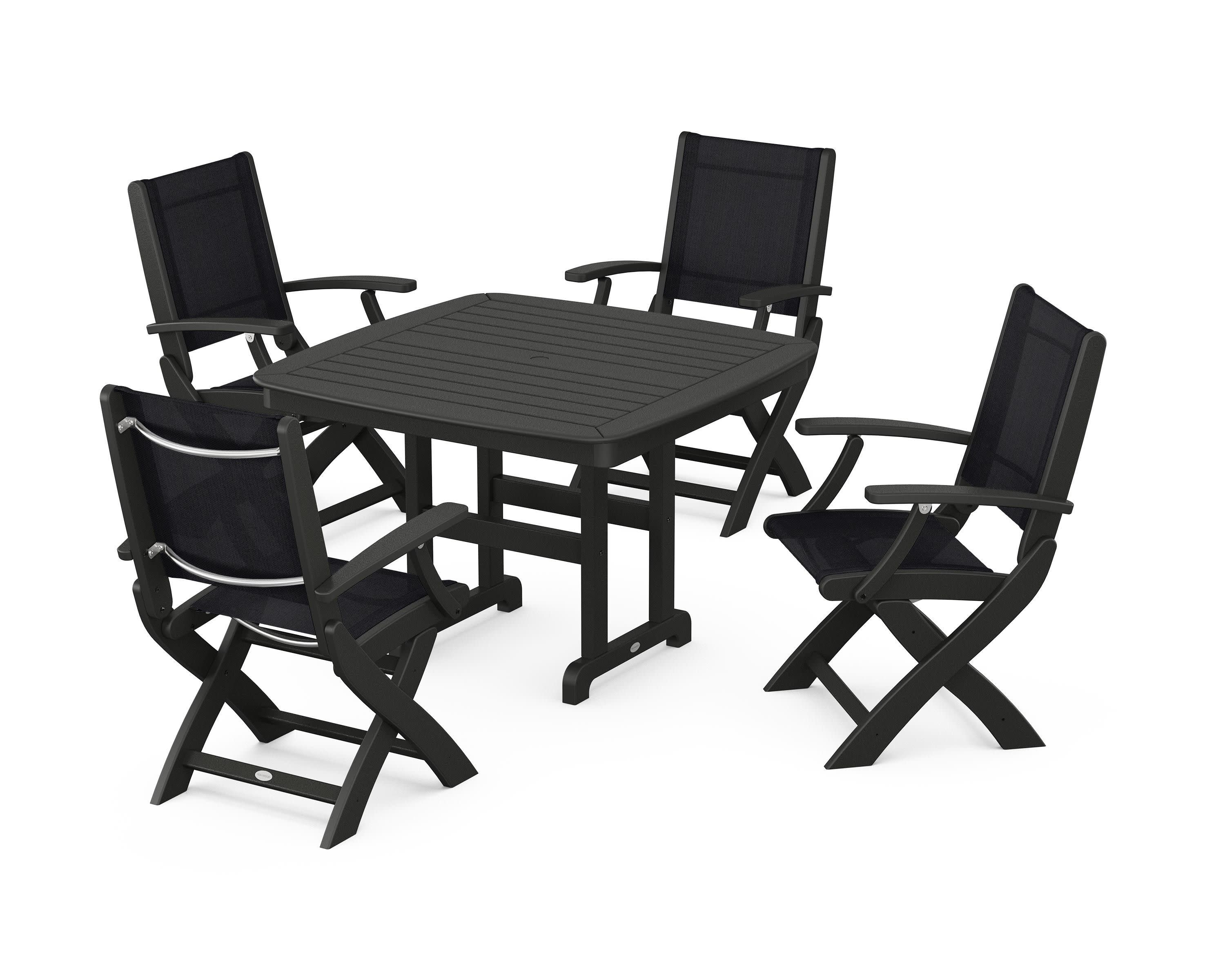 Coastal Folding Chair 5-Piece Dining Set in Black / Black Sling