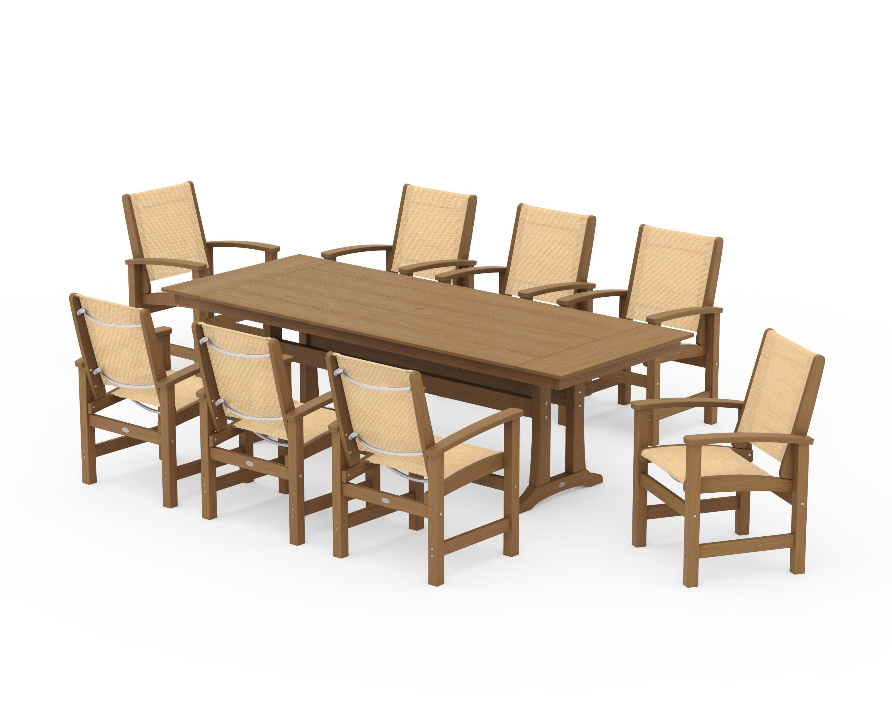 Coastal 9-Piece Farmhouse Dining Set with Trestle Legs in Natural / Dupioni Apricot Sling