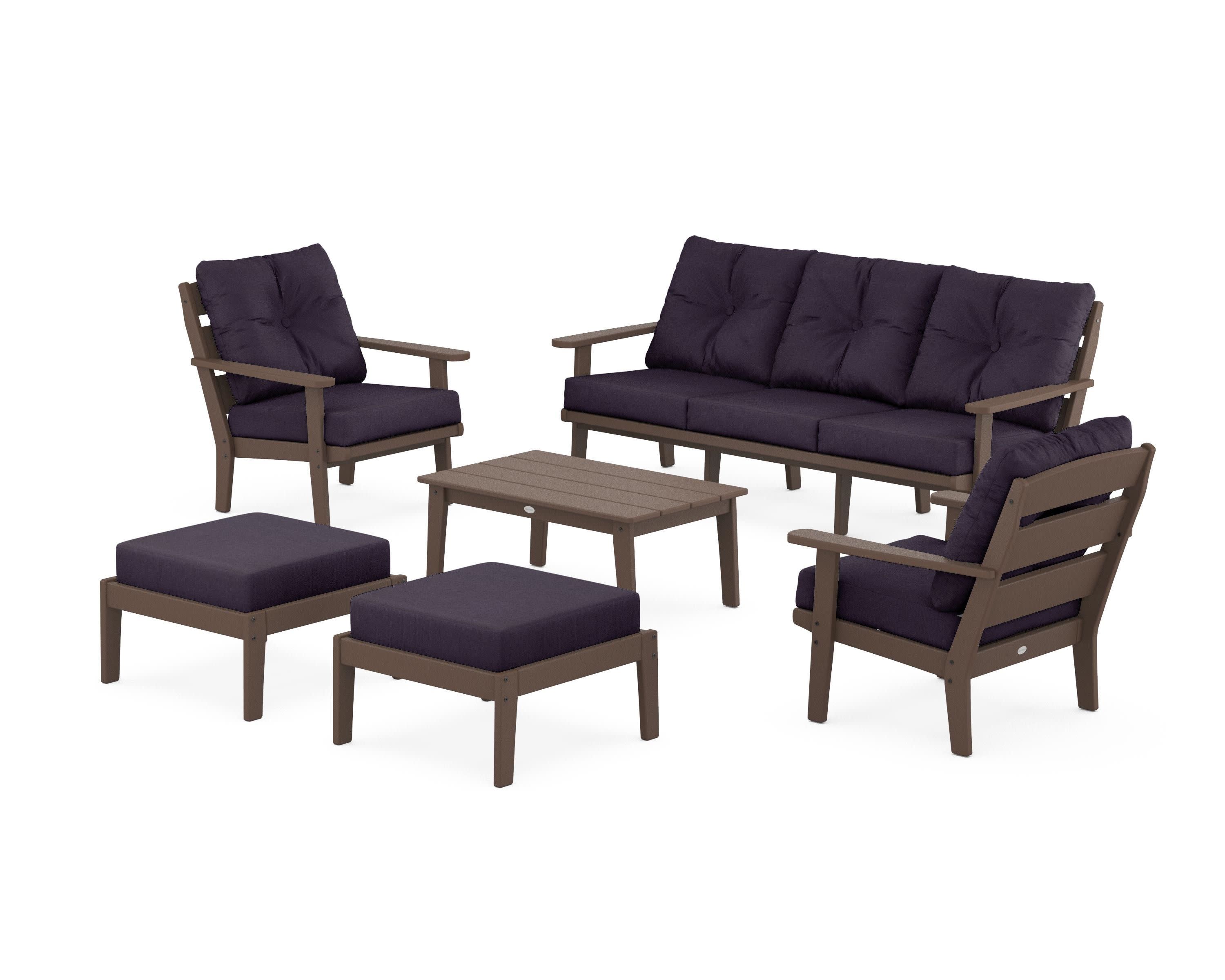 Lakeside 6-Piece Lounge Sofa Set in Mahogany / Navy Linen