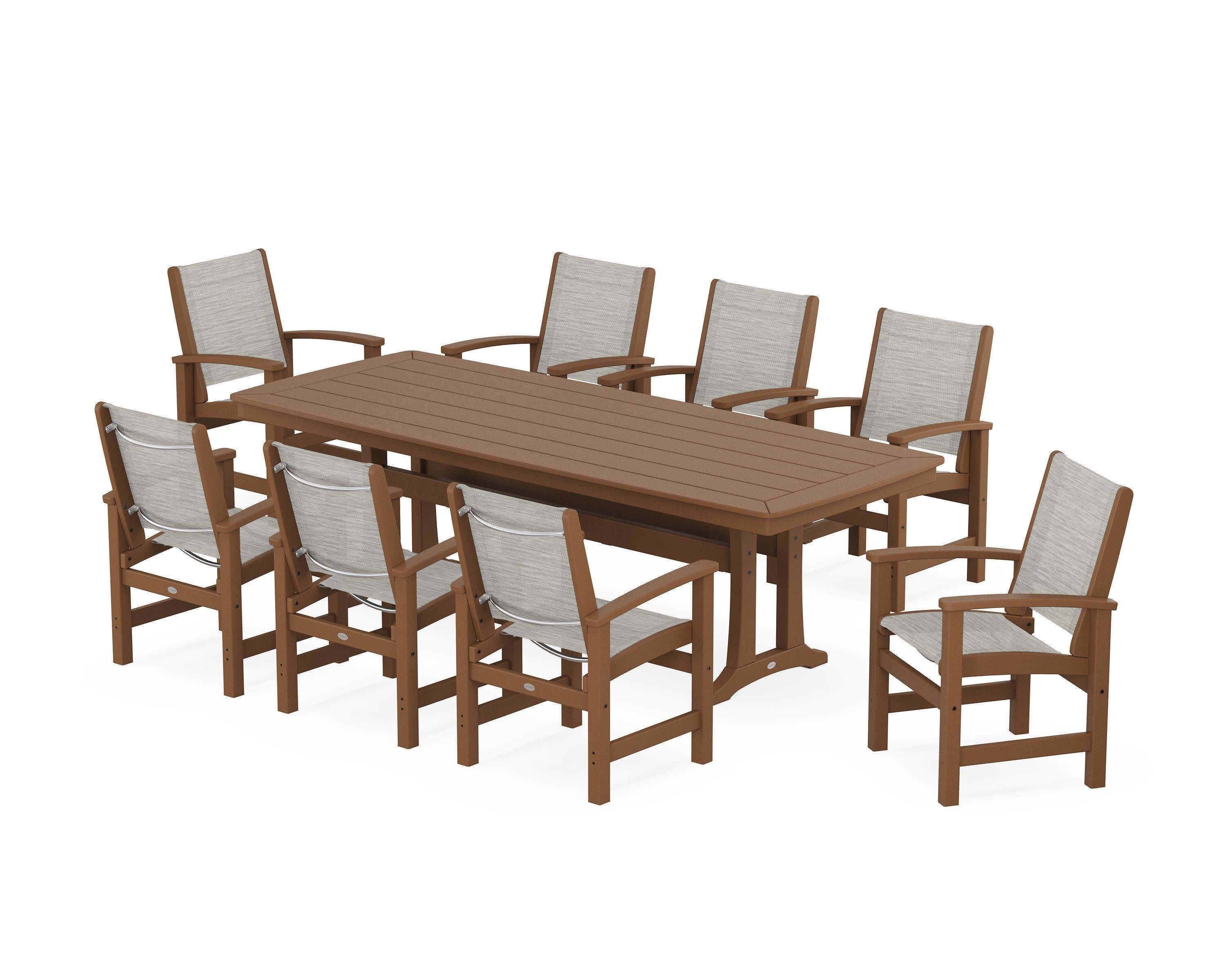 Coastal 9-Piece Dining Set with Trestle Legs in Teak / Birch Sling