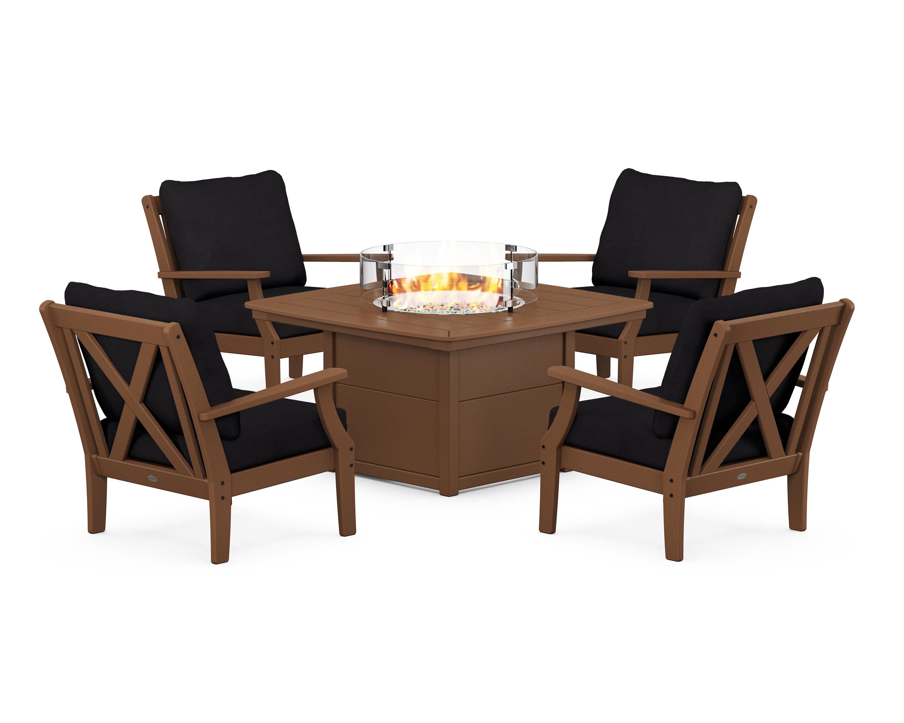 Braxton 5-Piece Deep Seating Conversation Set with Fire Pit Table in Teak / Midnight Linen