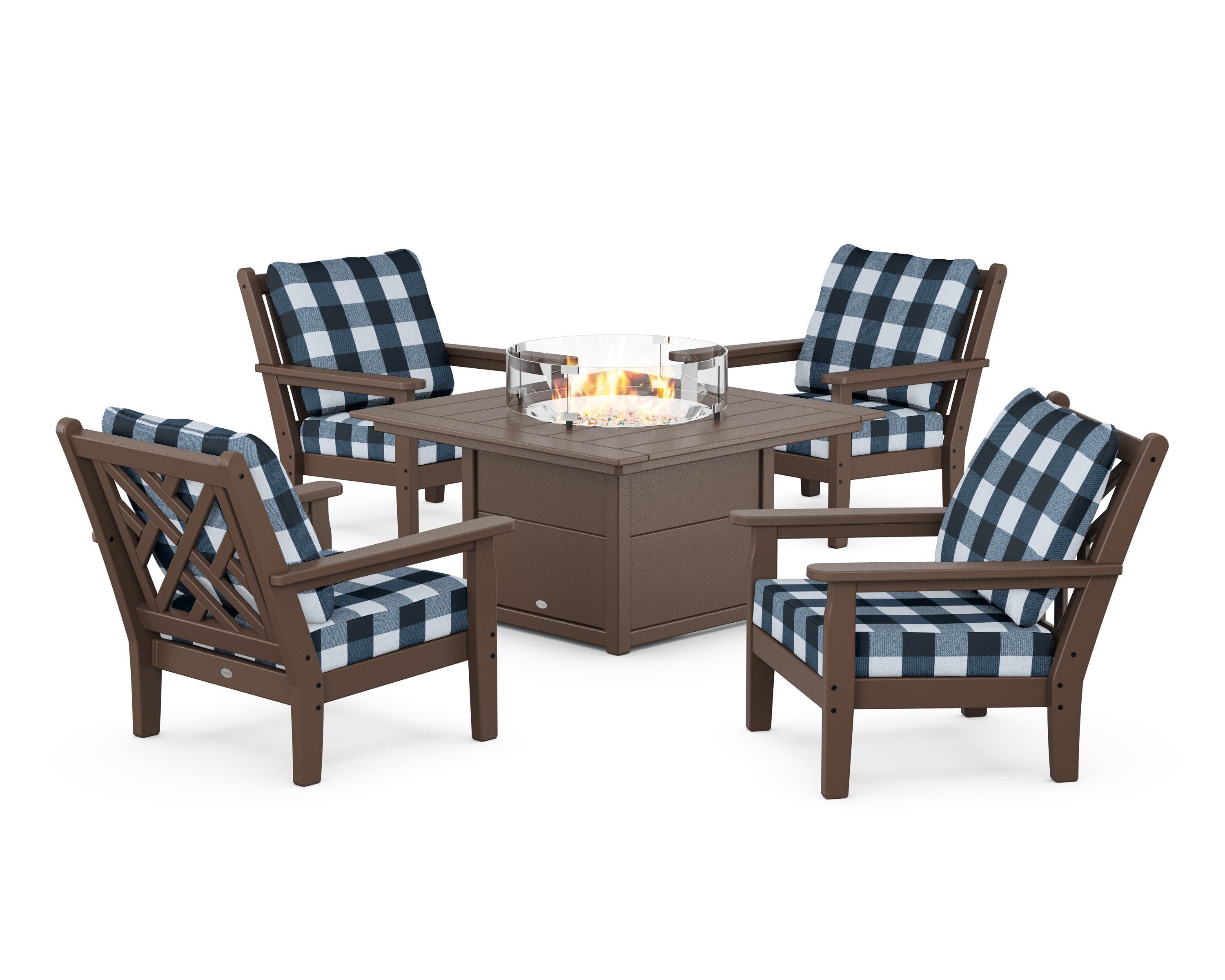 Chippendale 5-Piece Deep Seating Set with Fire Pit Table in Mahogany / Buffalo Plaid Marine Indigo