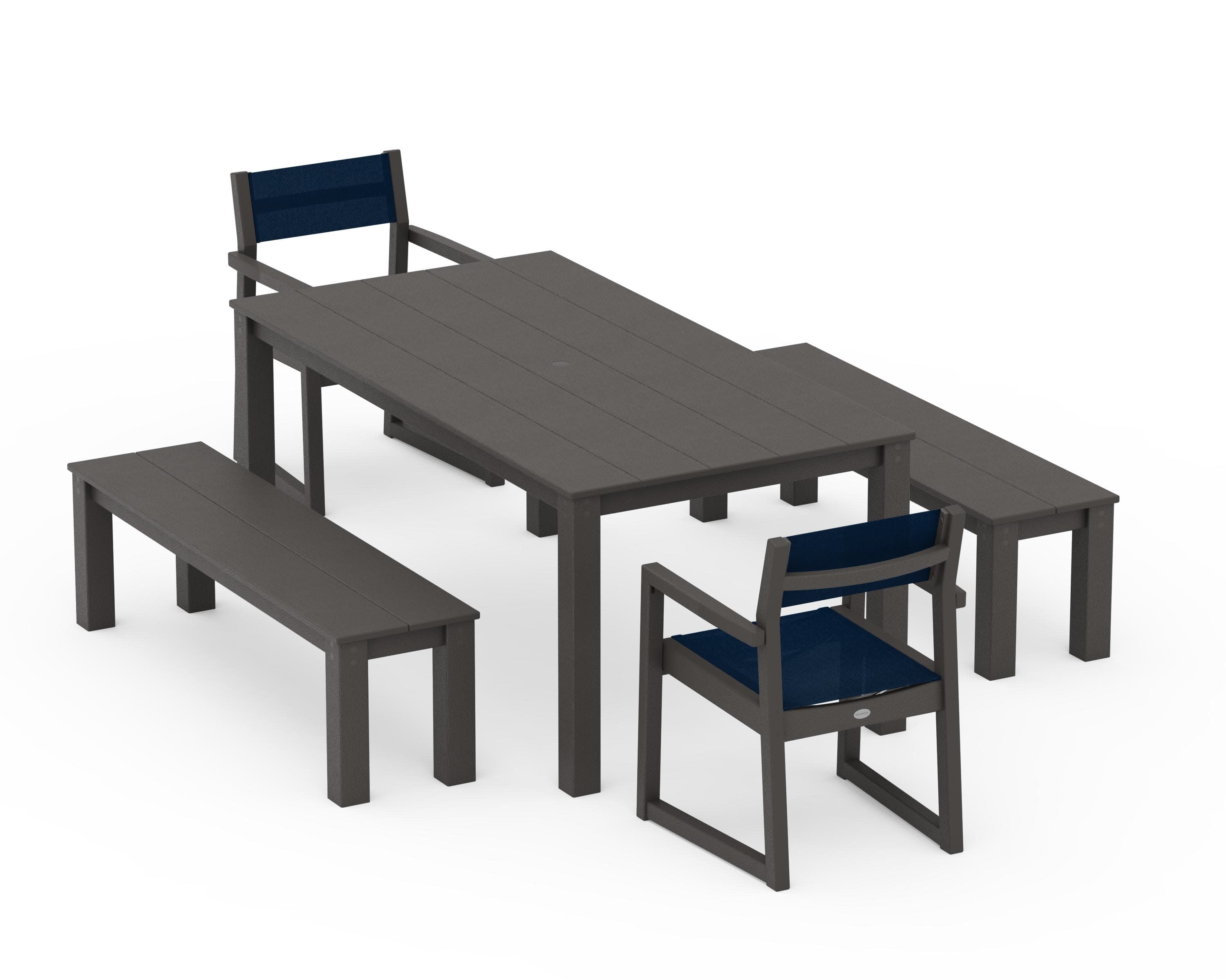 EDGE Sling Arm Chair 5-Piece Parsons Dining Set with Benches in Vintage Coffee / Navy Blue Sling