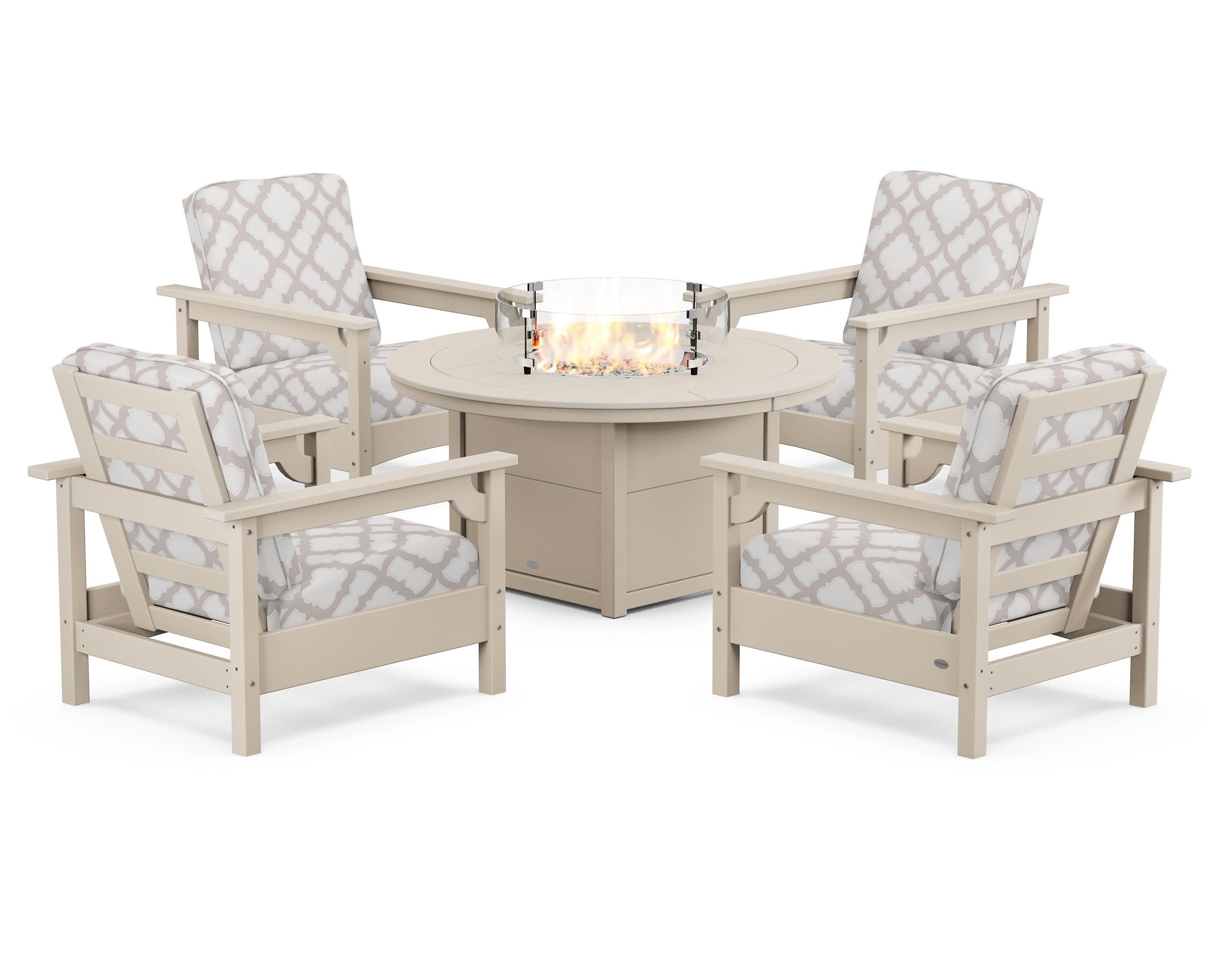 Club 5-Piece Conversation Set with Fire Pit Table in Sand / Trellis Dune Burlap