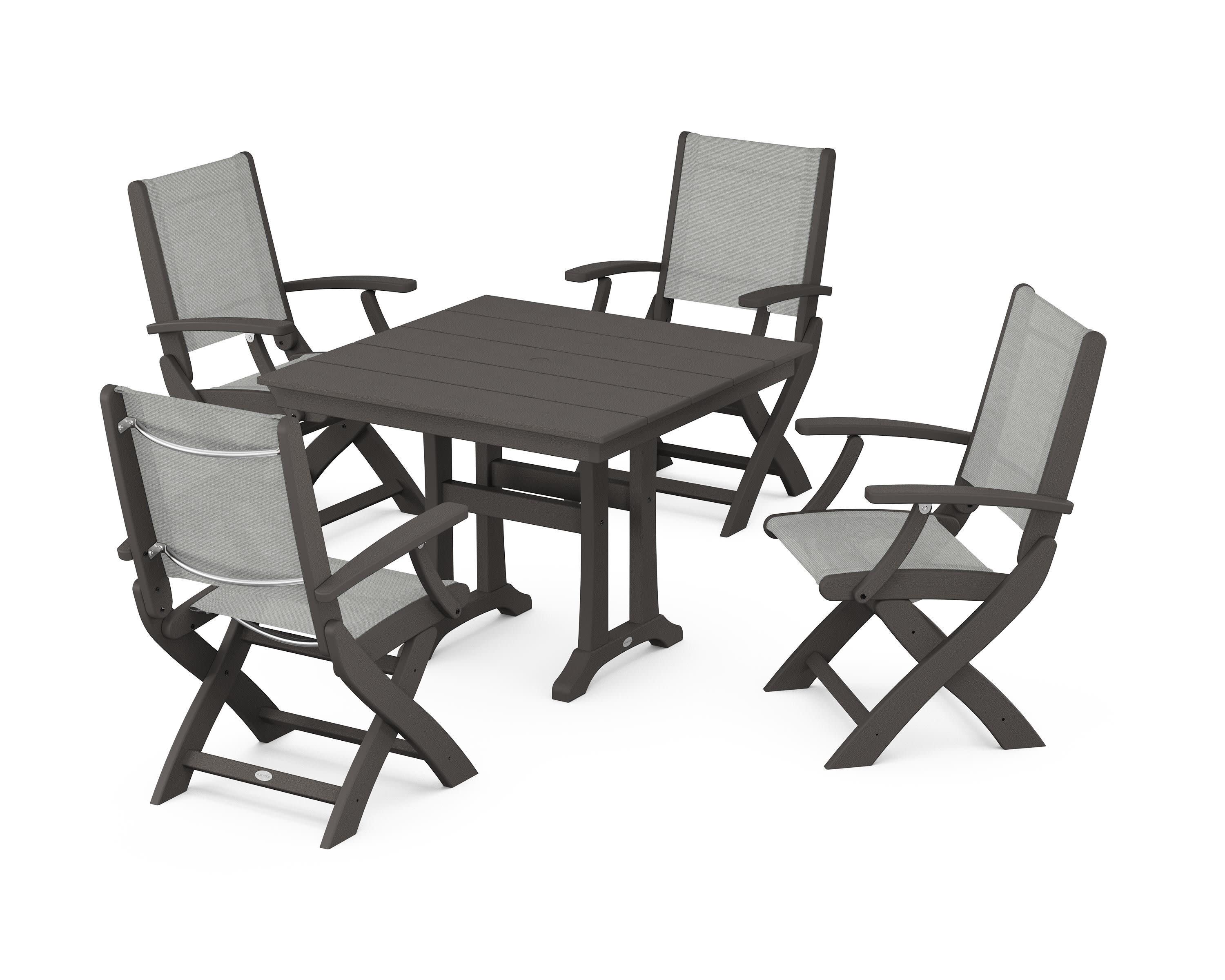 Coastal Folding Chair 5-Piece Farmhouse Dining Set With Trestle Legs in Vintage Coffee / Metallic Sling