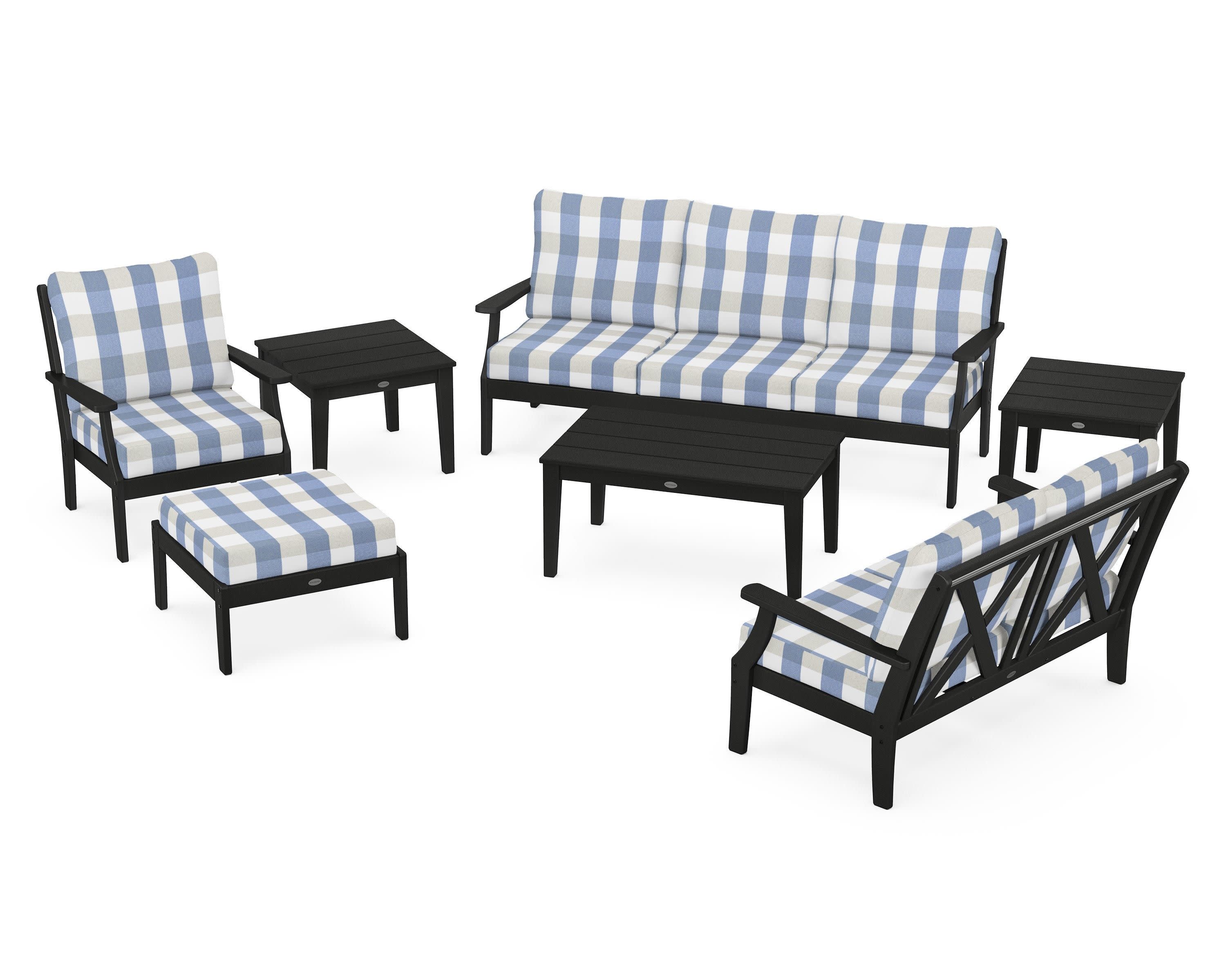 Braxton 7-Piece Deep Seating Set in Black / Buffalo Plaid Sky Blue