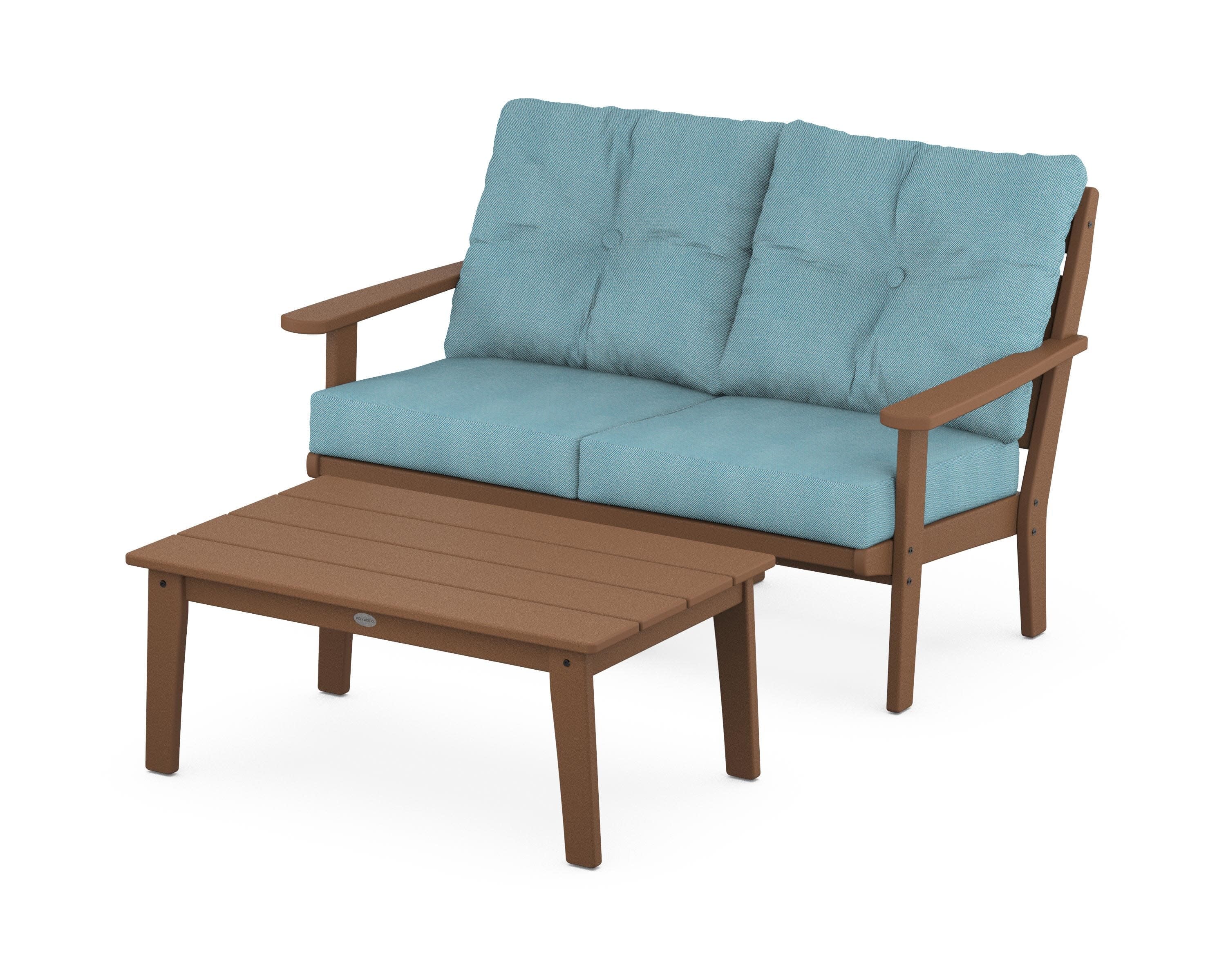Lakeside 2-Piece Lounge Loveseat Set in Teak / Lattice Sky Blue